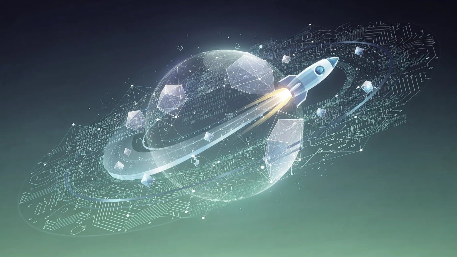 Visualisation abstraite de la fusion entre une entreprise spatiale et une intelligence artificielle de codage, flux de données numériques et formes orbitales