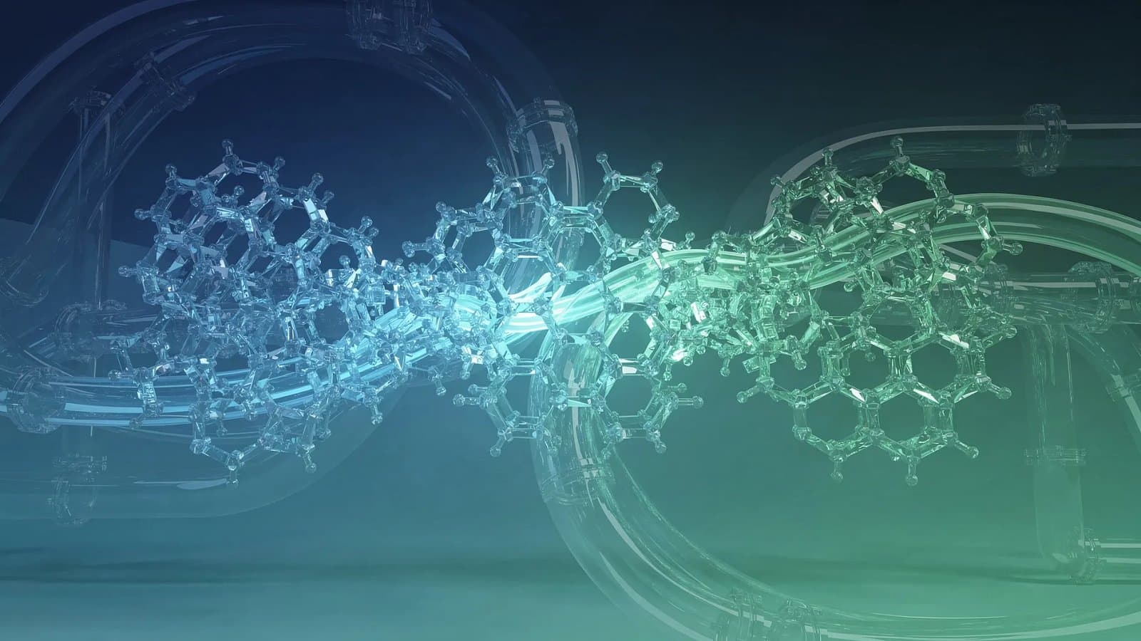 Illustration abstraite de deux structures moléculaires entrelacées symbolisant la fusion des groupes chimiques Olin et Huntsman