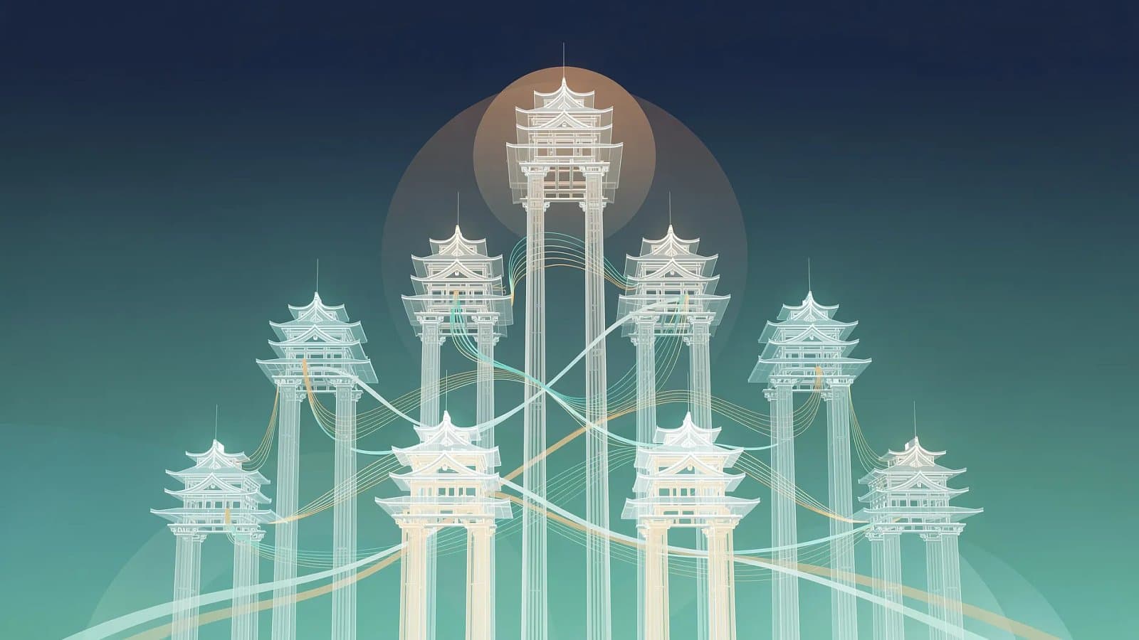 Illustration abstraite de la politique monétaire japonaise, piliers institutionnels symétriques et flux de capitaux en dégradé bleu profond et vert émeraude