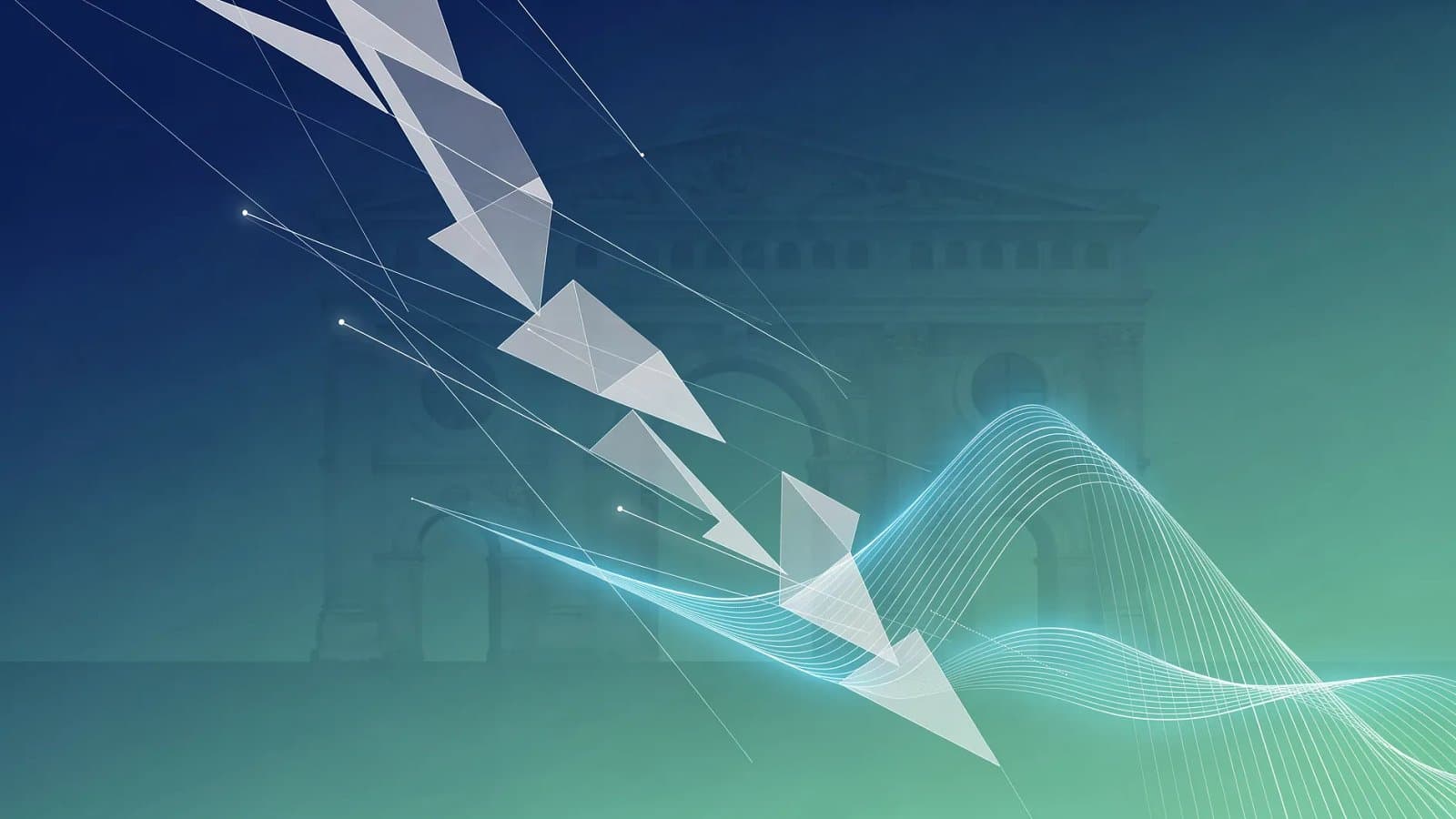 Représentation abstraite d'une trajectoire économique fragilisée par la flambée des cours de l'énergie, courbes descendantes et flux énergétiques sur dégradé bleu et vert