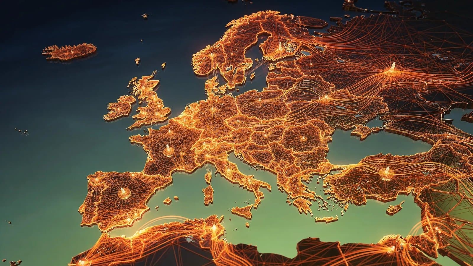 Visualisation abstraite d'une vague de chaleur et de flux énergétiques traversant un réseau électrique européen sous tension