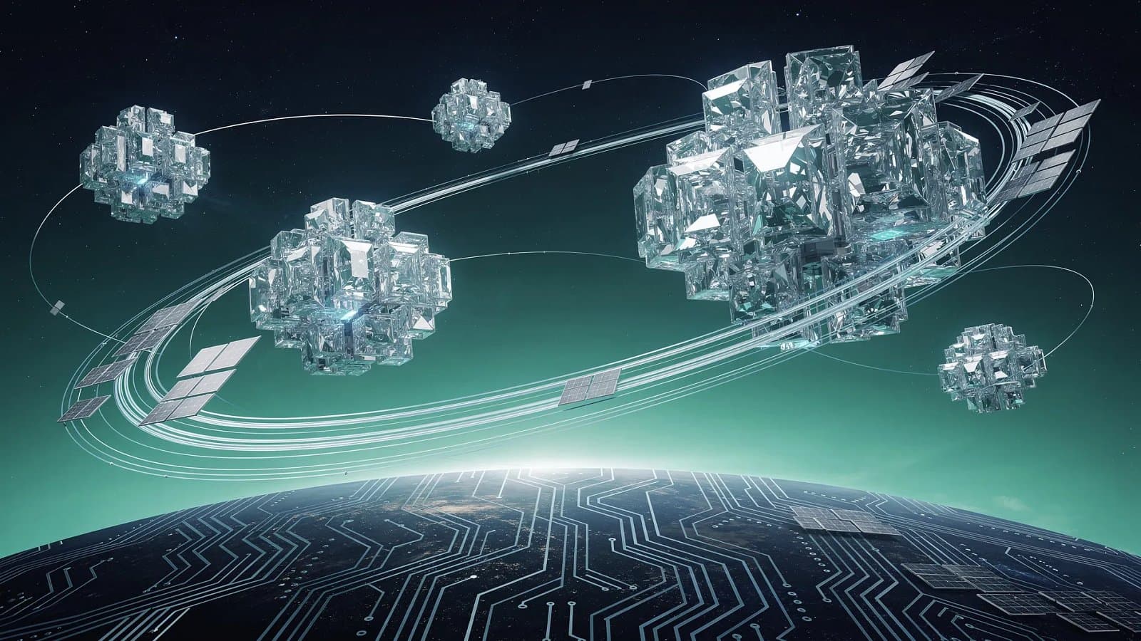 Représentation abstraite de structures de calcul en orbite, panneaux solaires et flux de données spatiaux, dégradé bleu profond et vert émeraude
