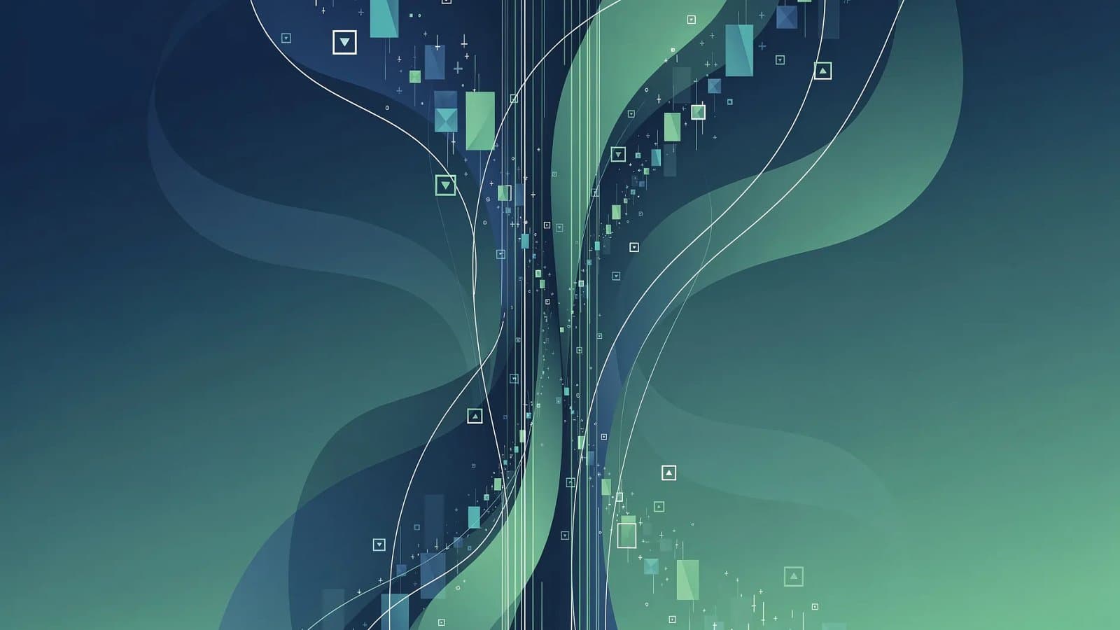 Visualisation abstraite de flux commerciaux et de marges sous pression, dégradé bleu profond et vert émeraude évoquant la distribution alimentaire