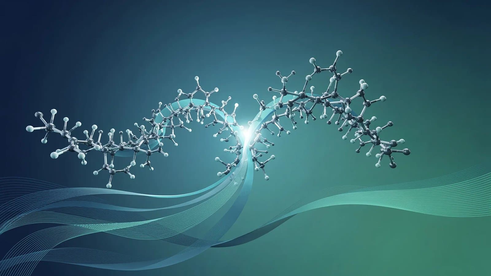Visualisation abstraite d'une fusion pharmaceutique, structures moléculaires et flux de capitaux convergents en dégradé bleu et vert profond