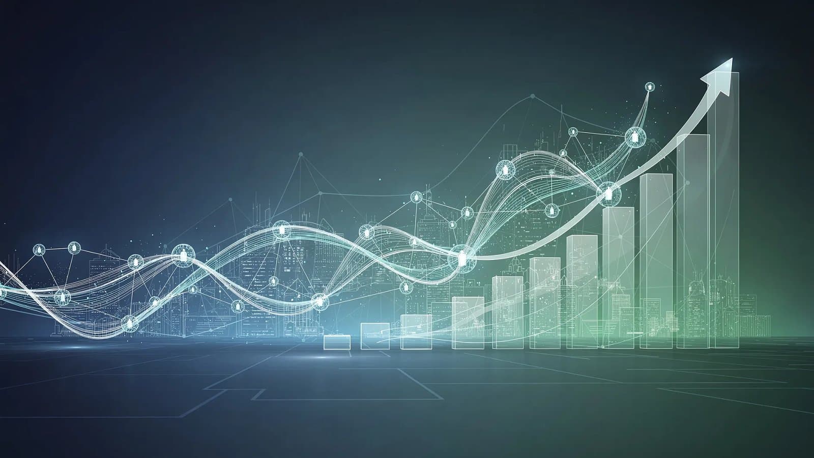 Visualisation abstraite de flux de données et de réseaux neuronaux symbolisant l'intelligence artificielle au service de l'épargne et de l'investissement