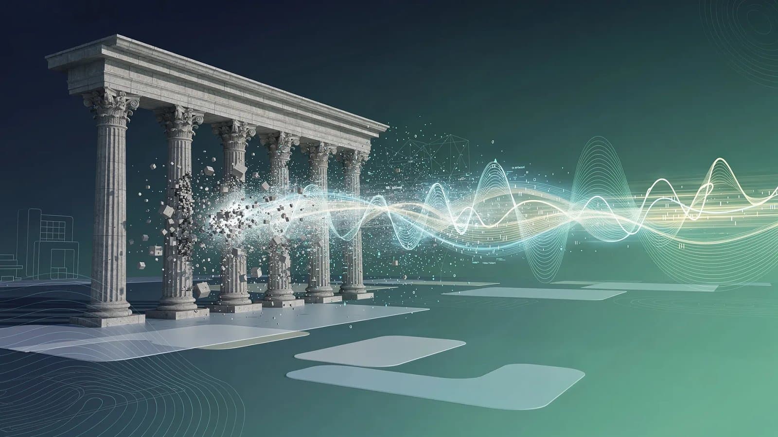 Visualisation abstraite d'une architecture institutionnelle monétaire en transformation et de flux de données financières, tons bleu profond et vert émeraude