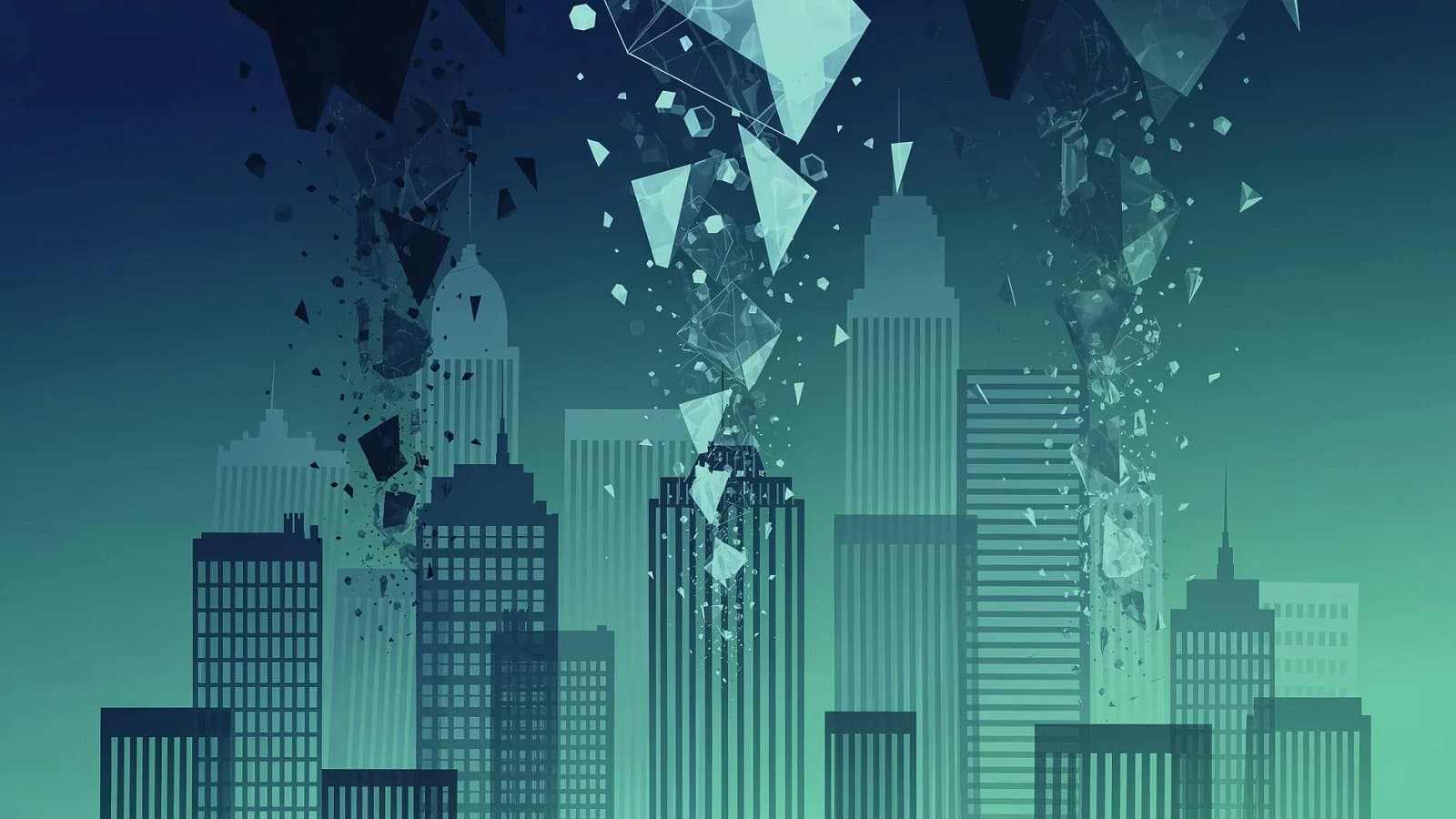 Visualisation abstraite d'un marché immobilier sous tension, formes architecturales fragmentées et flux de valeur descendants en dégradé bleu et vert