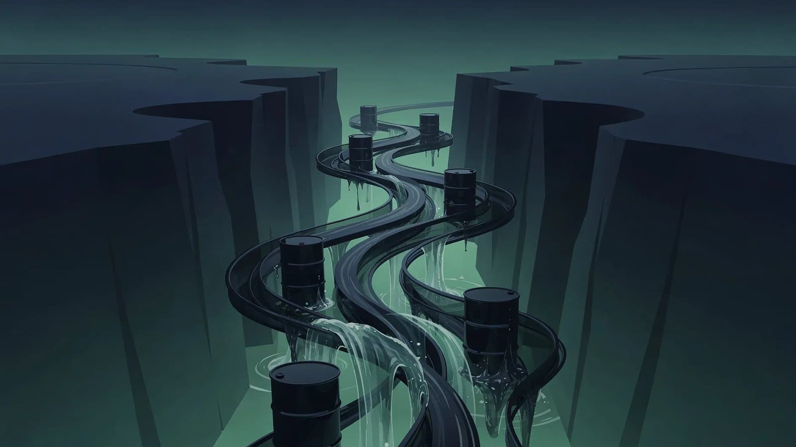 Visualisation abstraite de flux énergétiques sombres traversant un passage maritime stylisé, symbole du marché pétrolier après la réouverture du détroit d'Ormuz