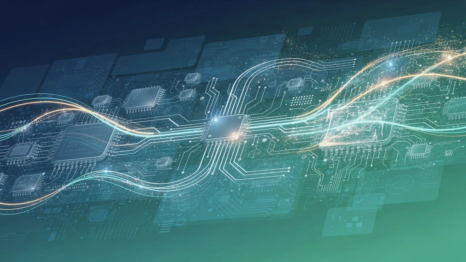 Visualisation abstraite de circuits mémoire et de flux de données interconnectés évoquant la mémoire à haute bande passante pour l'intelligence artificielle