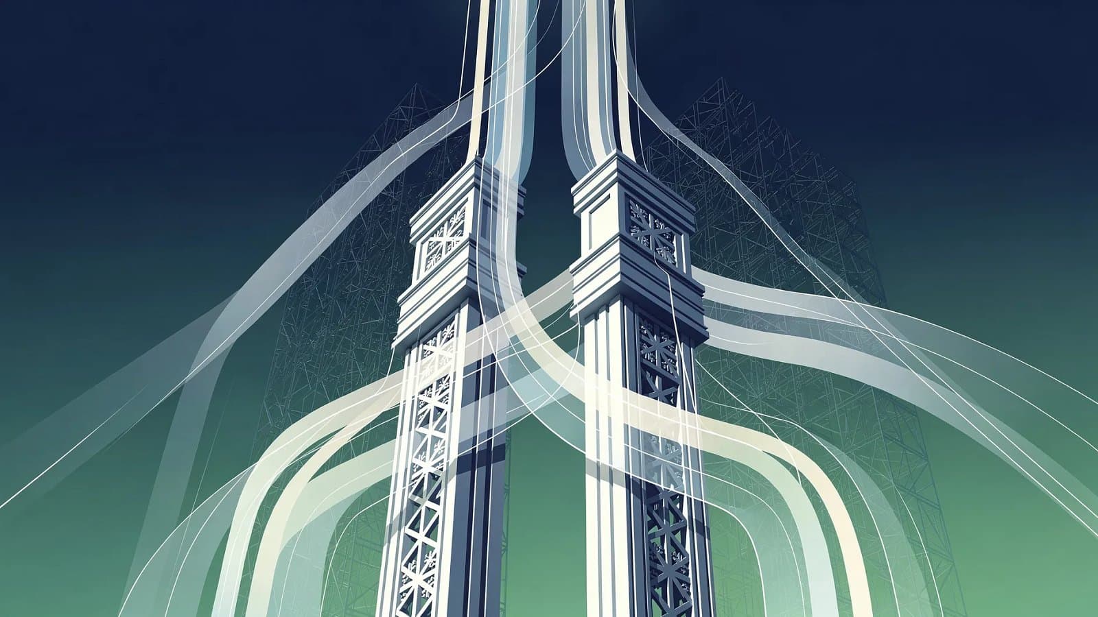 Illustration abstraite de l'articulation entre répartition et capitalisation dans le système de retraite allemand, flux financiers ascendants en dégradé bleu et vert