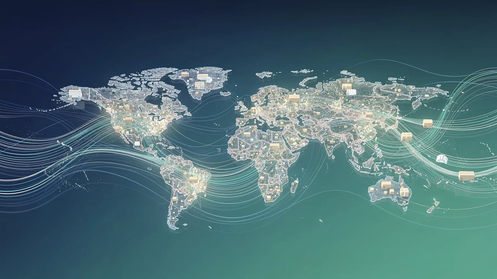 Illustration abstraite d'un réseau logistique mondial aux flux de colis entrelacés, symbolisant la livraison express et le transport de fret