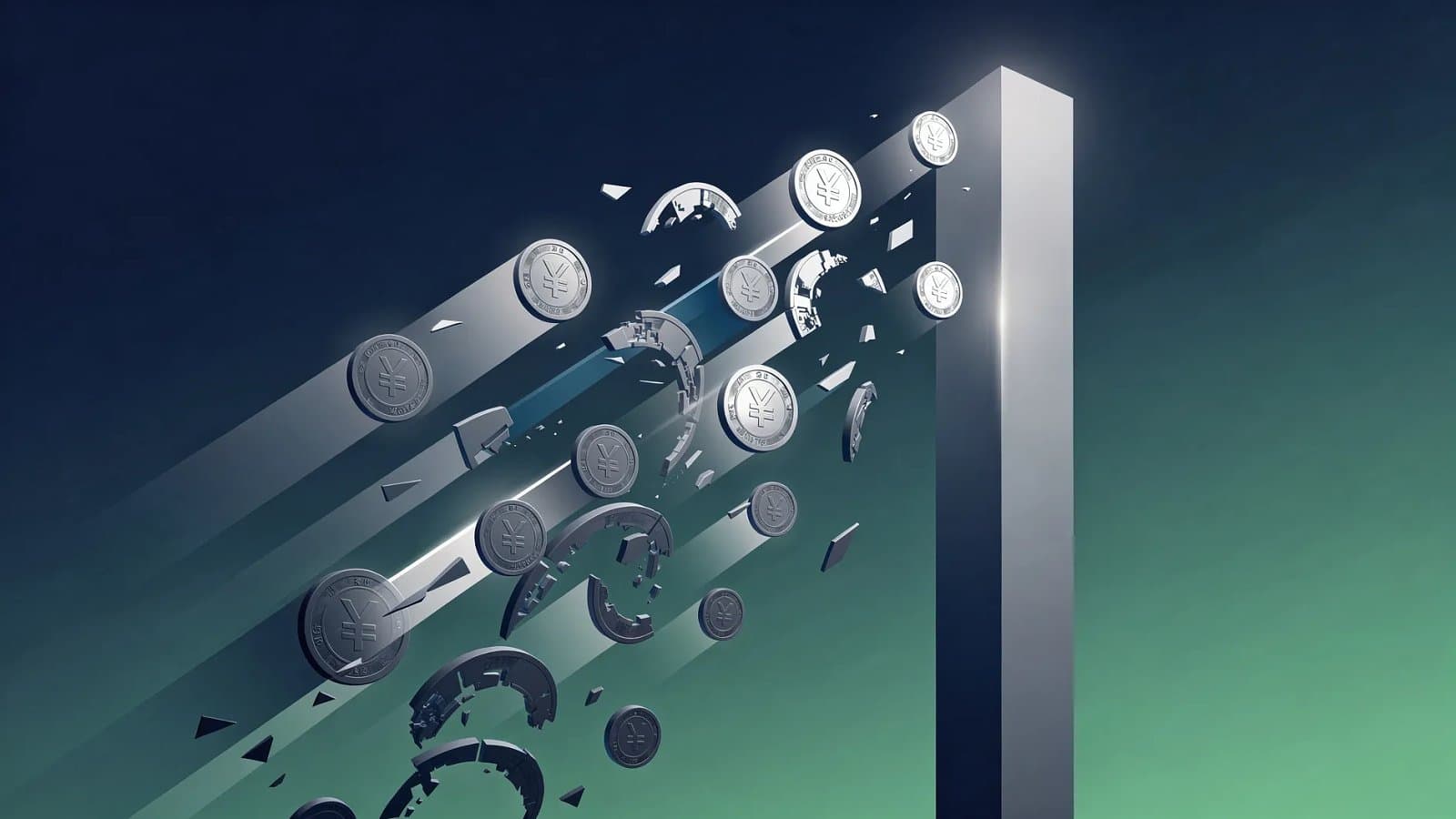 Illustration abstraite de flux monétaires japonais sous pression, courbes descendantes évoquant la chute du yen face à un dollar ferme