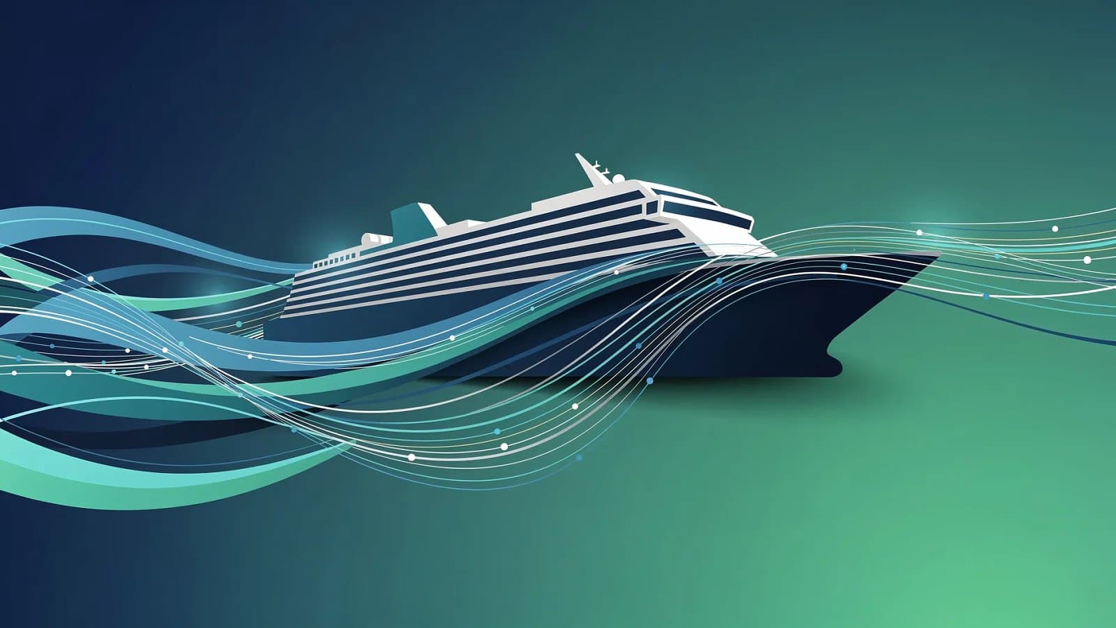 Illustration abstraite évoquant la navigation de croisière et les flux financiers, dégradé bleu profond et vert émeraude