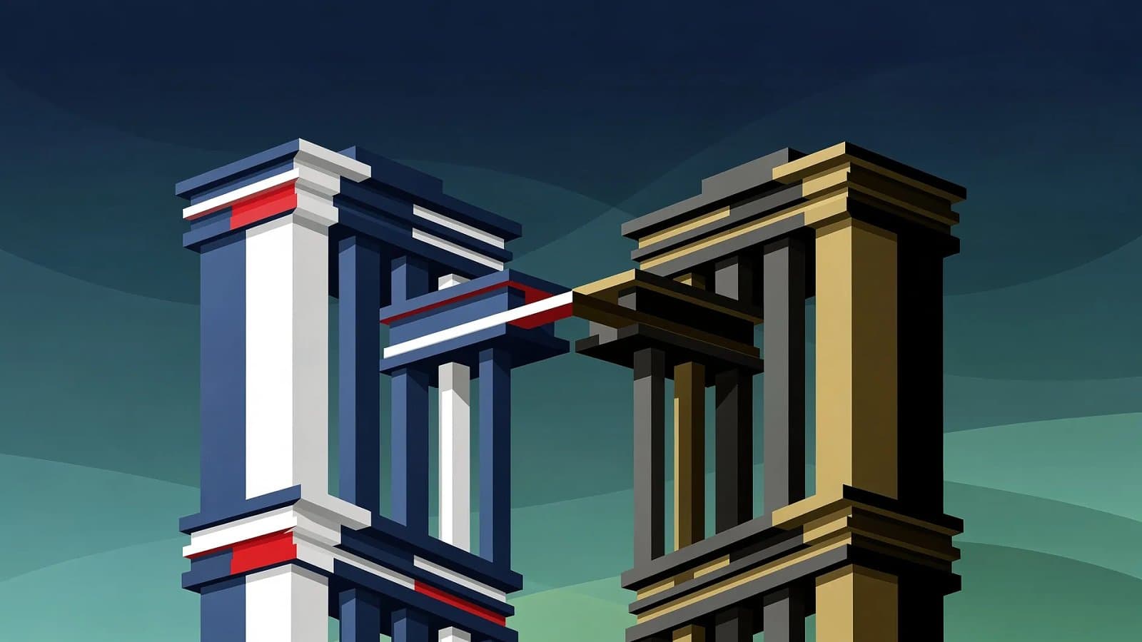 Visualisation abstraite de deux structures institutionnelles symétriques reliées, évoquant une coopération de défense franco-allemande équilibrée