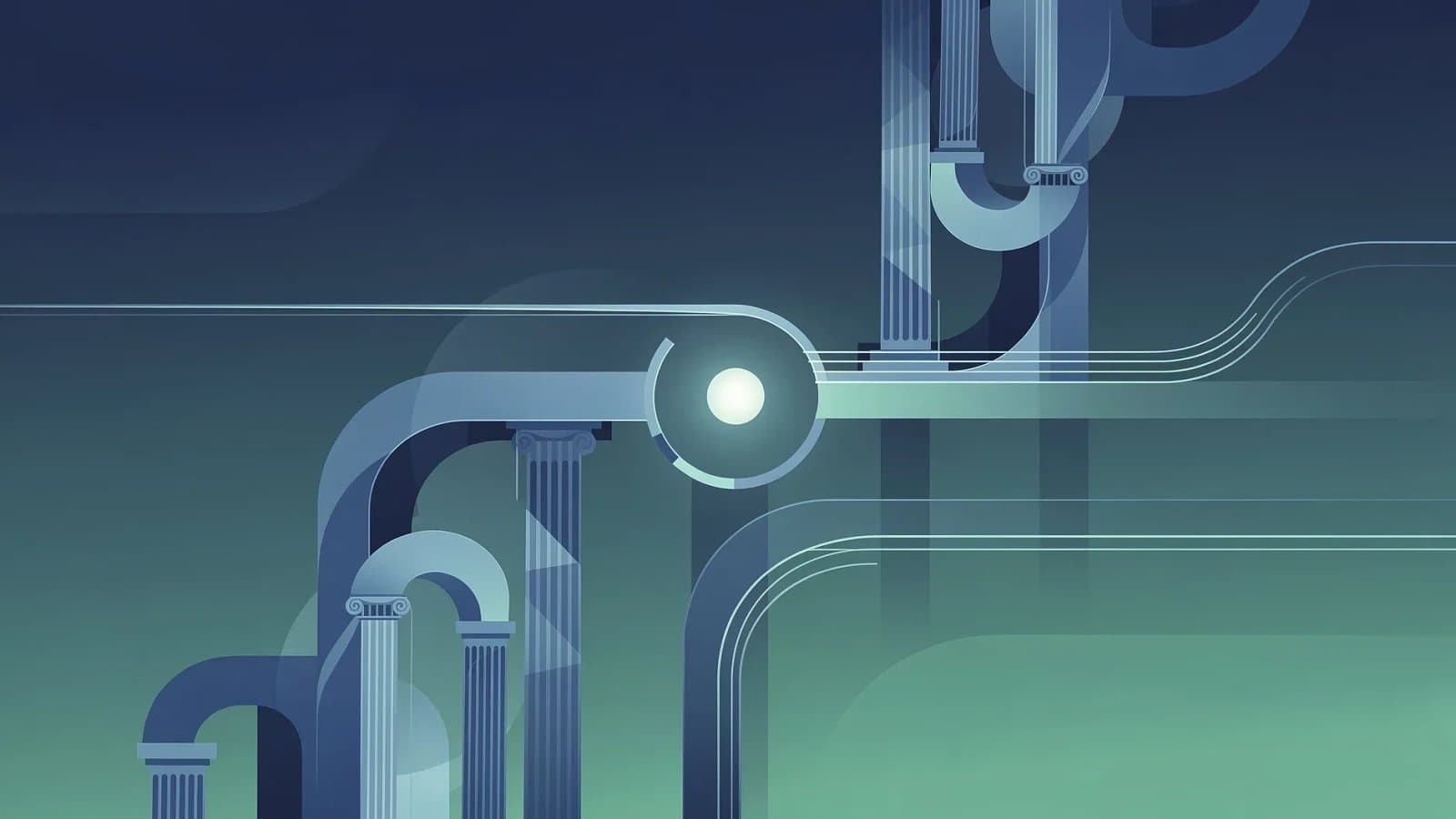 Visualisation abstraite de l'architecture institutionnelle européenne et d'un point d'équilibre monétaire flottant, symbole du taux neutre insaisissable