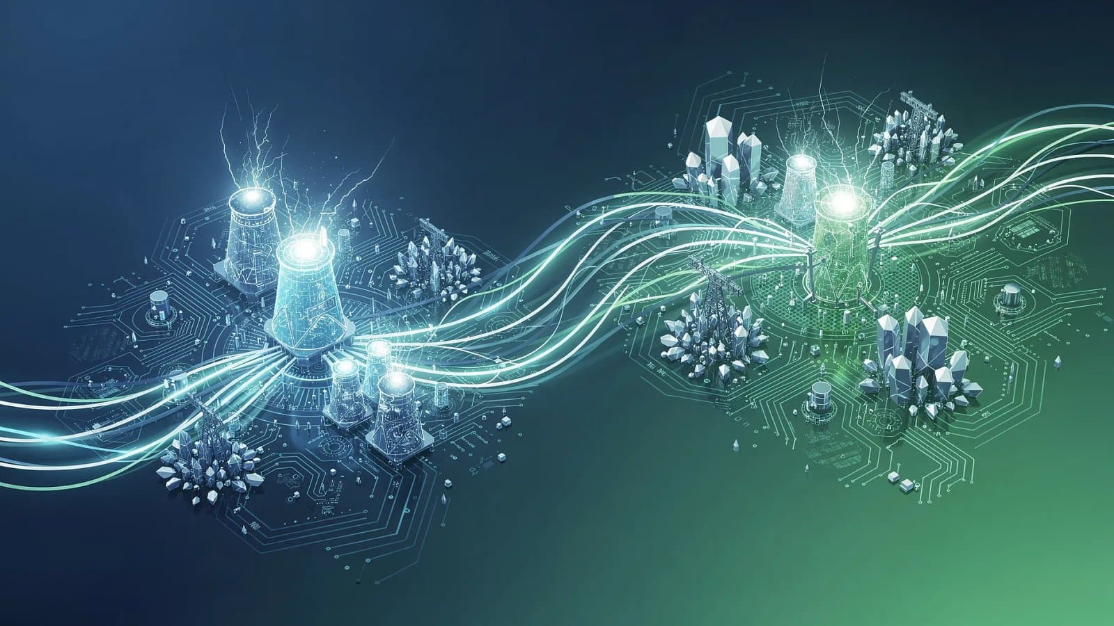 Visualisation abstraite de flux d'énergie reliant des structures de production électrique à des infrastructures de calcul, symbolisant l'intégration entre centres de données et capacités électriques
