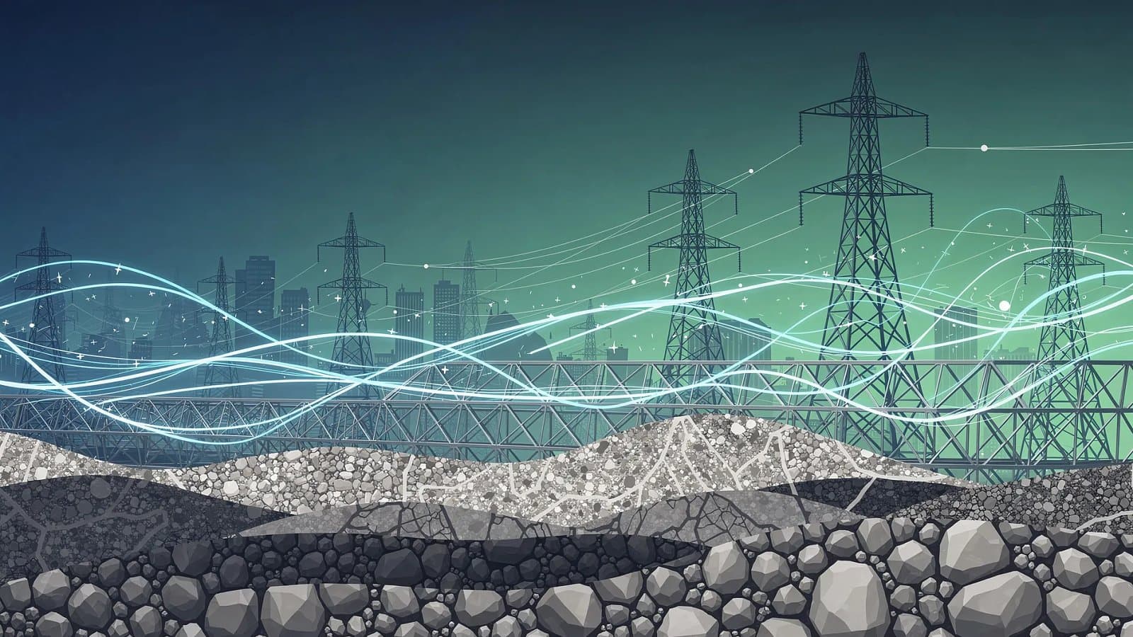 Illustration abstraite de structures d'infrastructure et de flux d'énergie évoquant la modernisation des réseaux électriques et la construction de centres de données