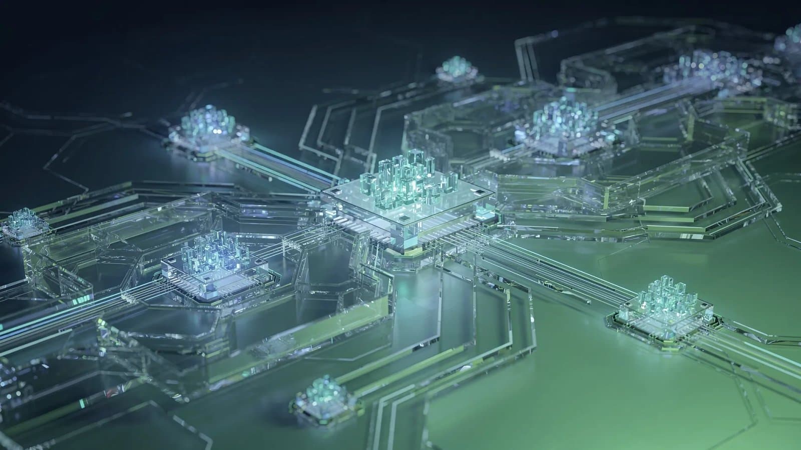Visualisation abstraite de flux de données numériques traversant une architecture de calcul, symbolisant l'inférence de l'intelligence artificielle dans le cloud
