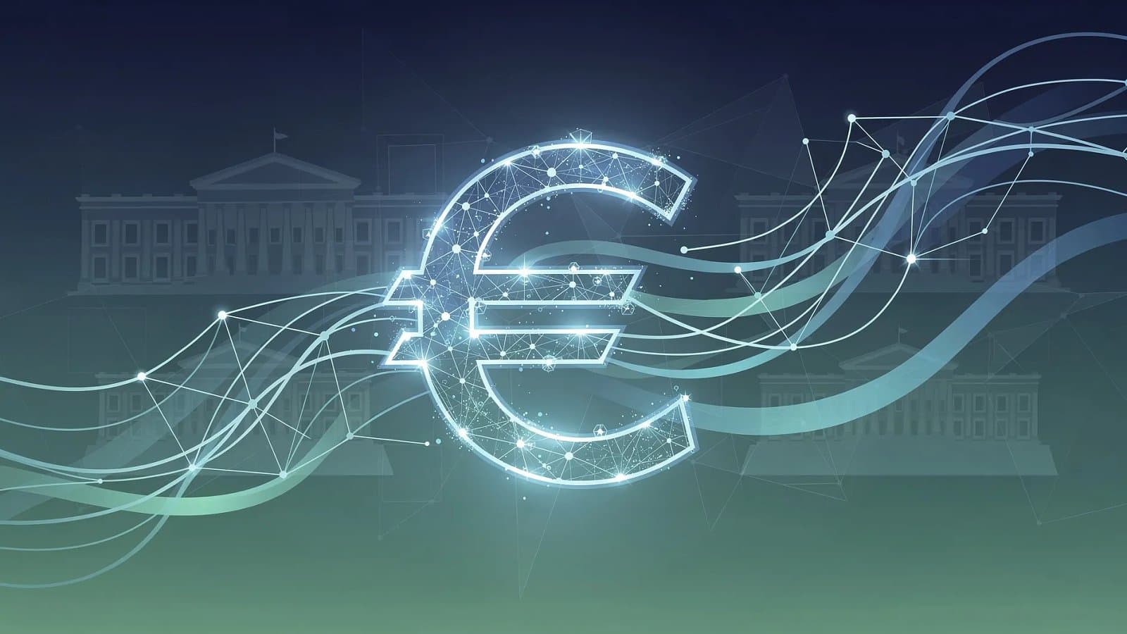 Visualisation abstraite d'un réseau monétaire numérique européen aux tons bleu profond et vert, symbolisant l'euro numérique de la Banque centrale européenne
