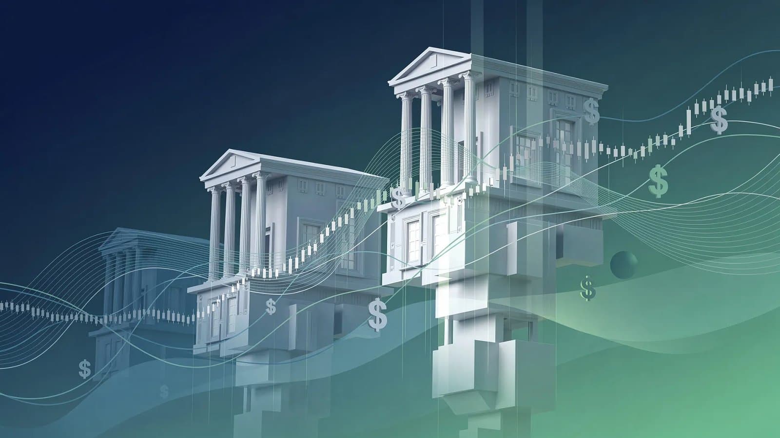 Illustration abstraite de la transition politique britannique et de la tension sur la livre sterling et les gilts, formes descendantes sur dégradé bleu et vert