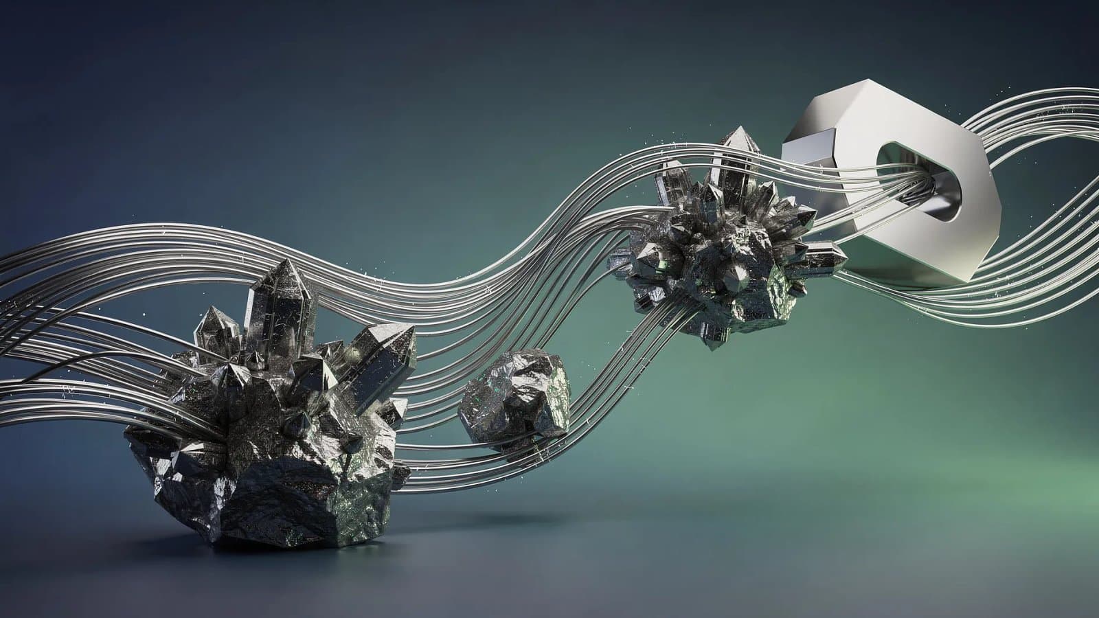 Visualisation abstraite de lignes de champ magnétique et de flux de matériaux critiques reliant minerai brut et aimants