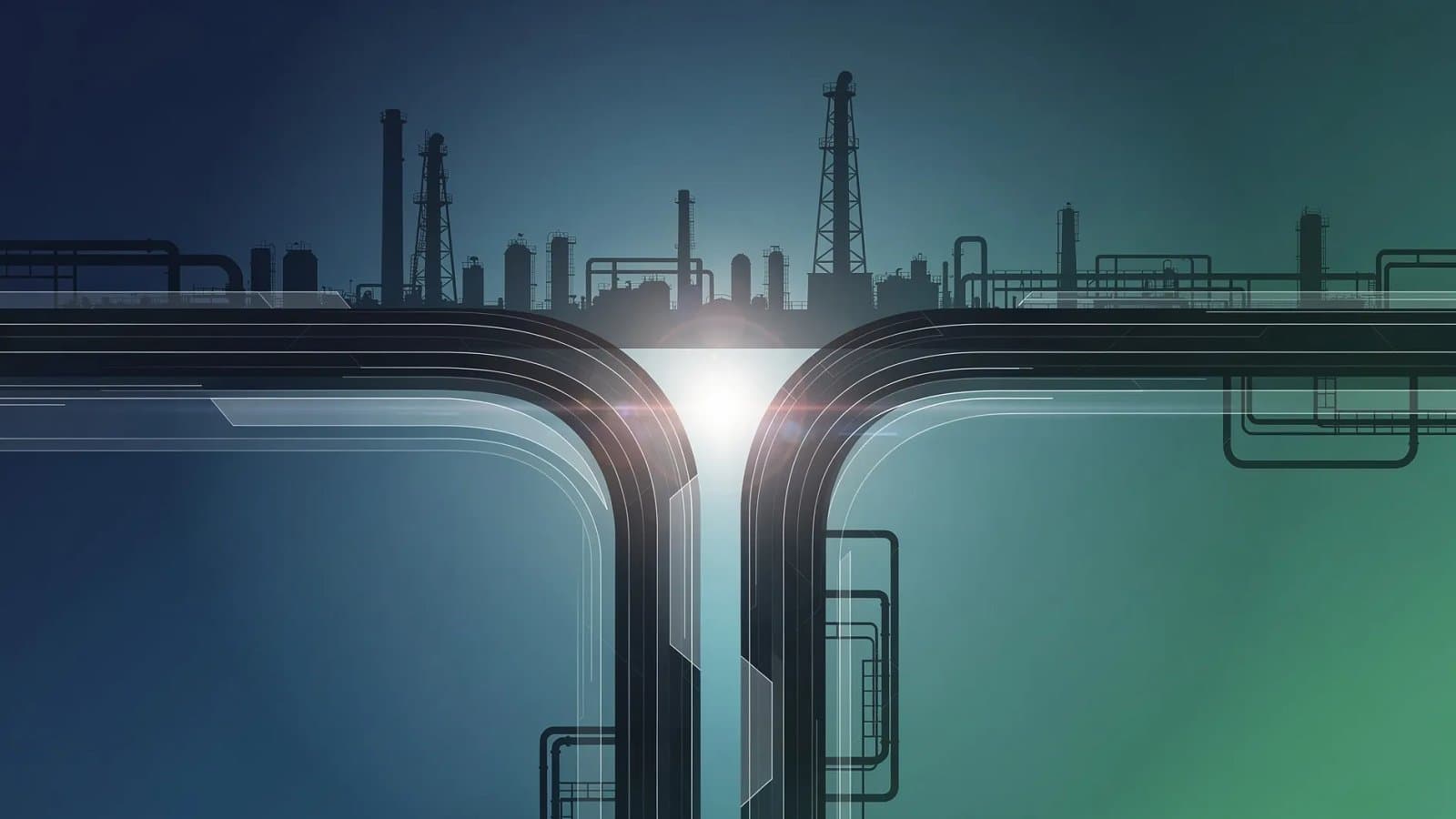 Illustration abstraite de flux énergétiques sombres et de structures de raffinage, évoquant la chaîne de valeur pétrolière sous tension réglementaire