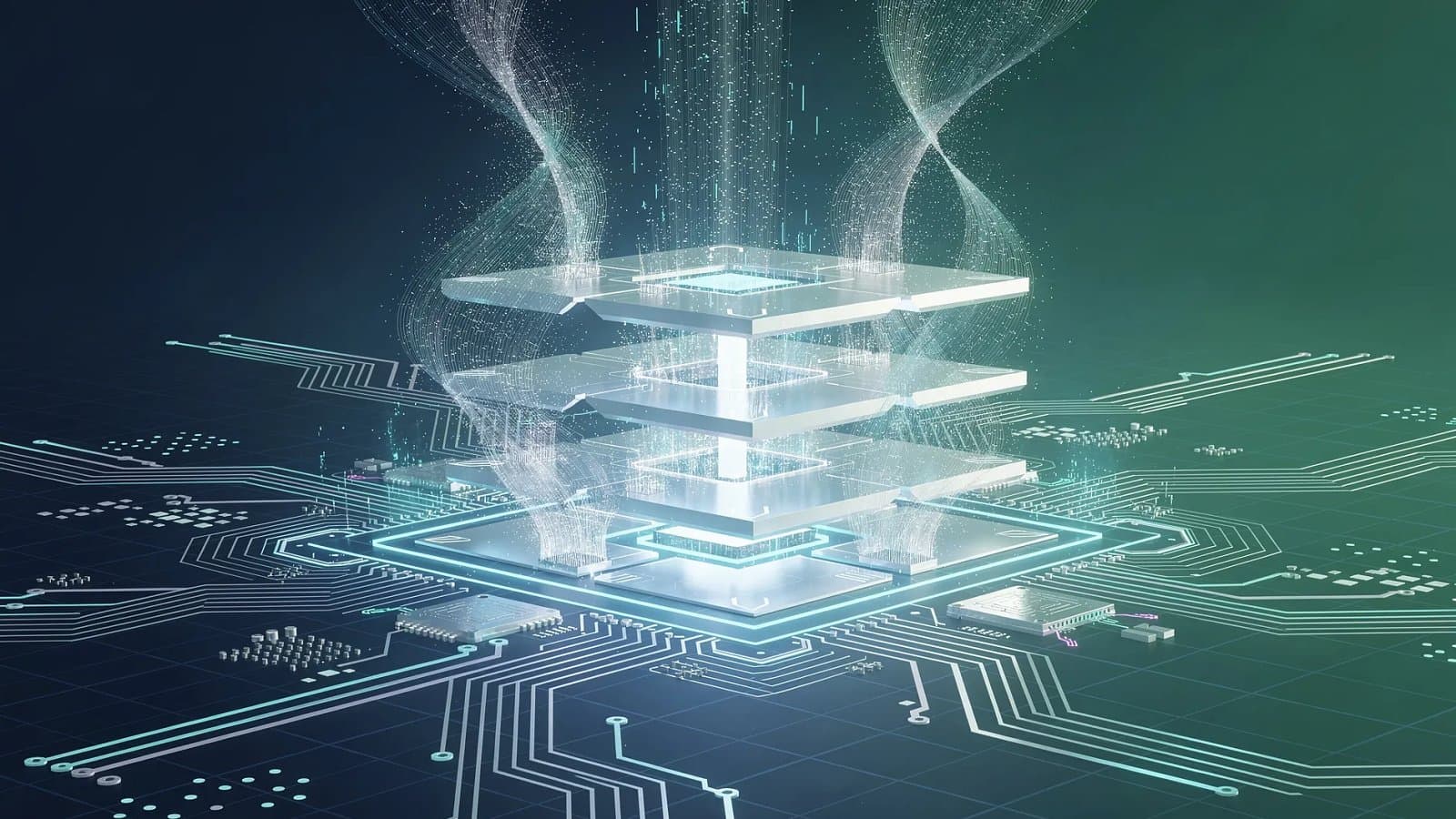 Visualisation abstraite de circuits mémoire et de flux de données illustrant la demande de puces pour l'intelligence artificielle