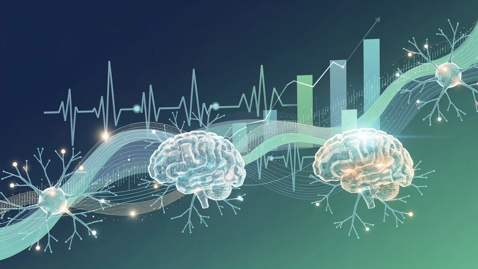 Visualisation abstraite de réseaux de données médicales et de flux financiers symbolisant l'assurance santé augmentée par l'intelligence artificielle