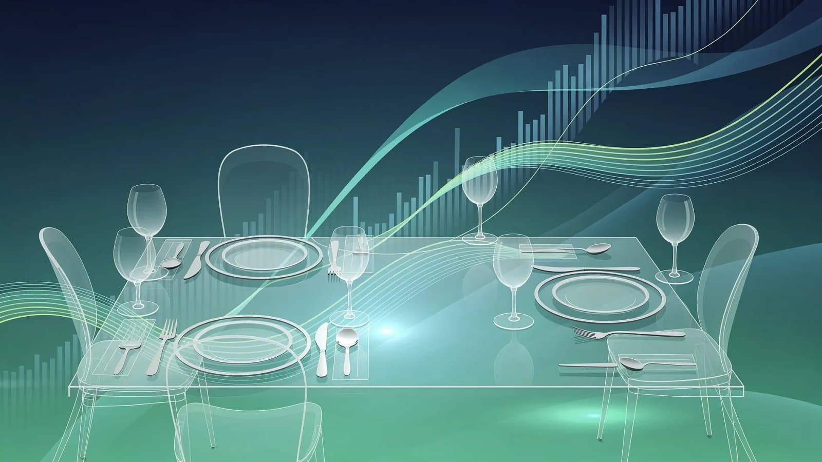 Illustration abstraite évoquant la restauration américaine et les flux financiers, dans un dégradé bleu profond et vert émeraude