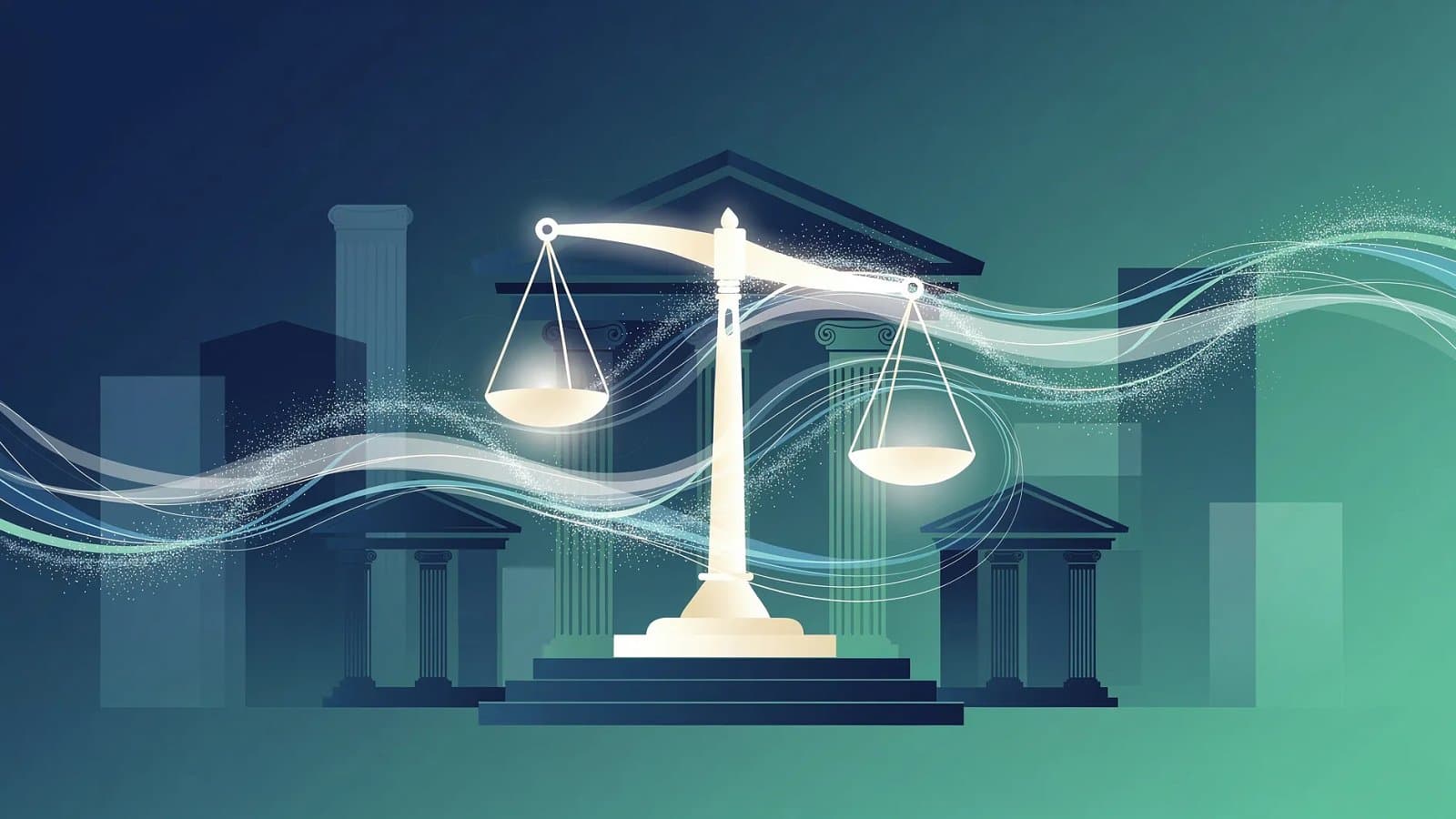 Illustration abstraite de la responsabilité climatique d'un groupe pétrolier, motif de balance de justice et flux d'énergie en tons bleu profond et vert émeraude
