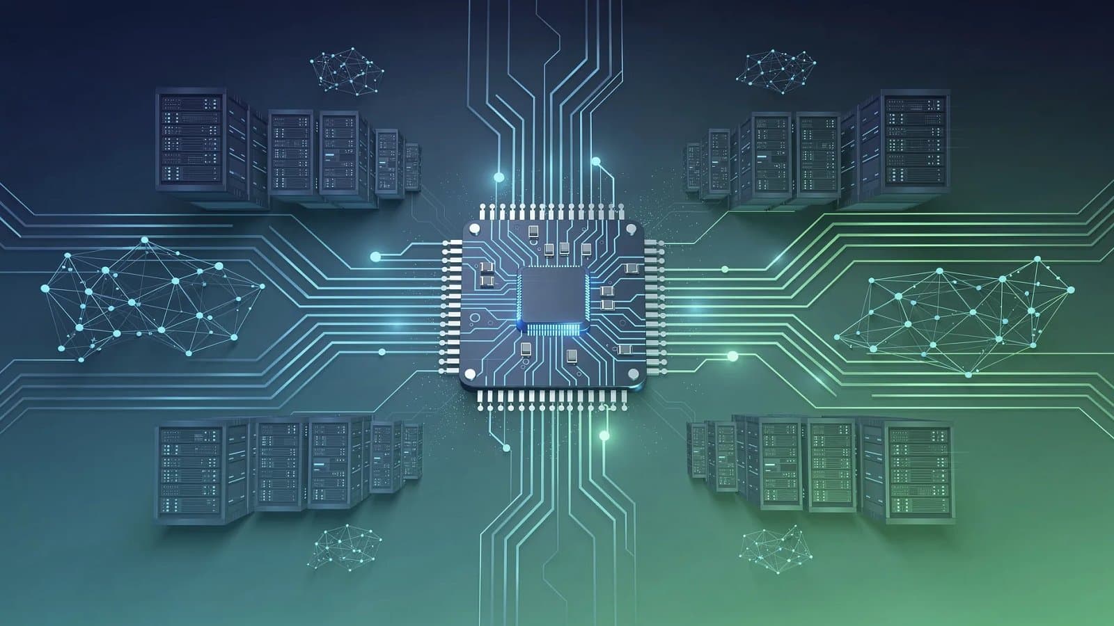 Visualisation abstraite de circuits intégrés et de flux de données convergeant vers des structures de centres de données, symbolisant la diversification de Qualcomm