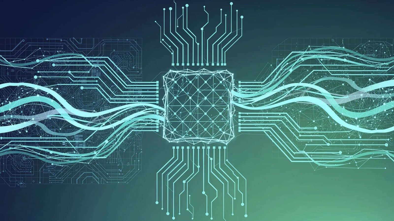 Visualisation abstraite de circuits de puces interconnectés et de flux de données symbolisant l'intelligence artificielle embarquée