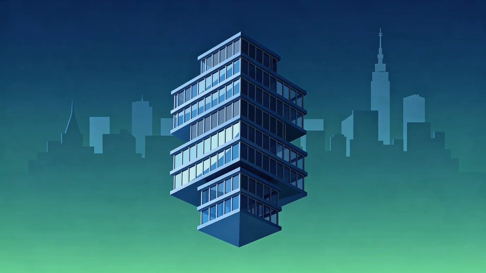 Visualisation abstraite d'une institution monétaire européenne aux tons bleu profond et vert, évoquant la stabilisation des taux directeurs de la BCE