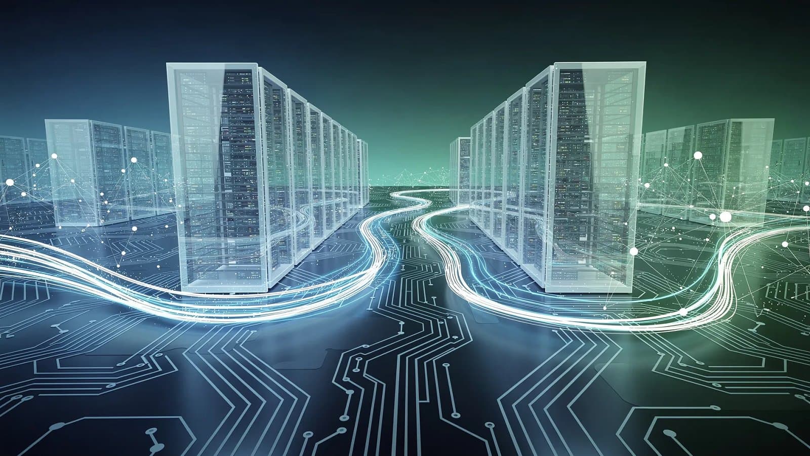 Visualisation abstraite d'un campus de centres de données hyperscale, flux de calcul et infrastructures numériques interconnectées en tons bleu profond et vert émeraude
