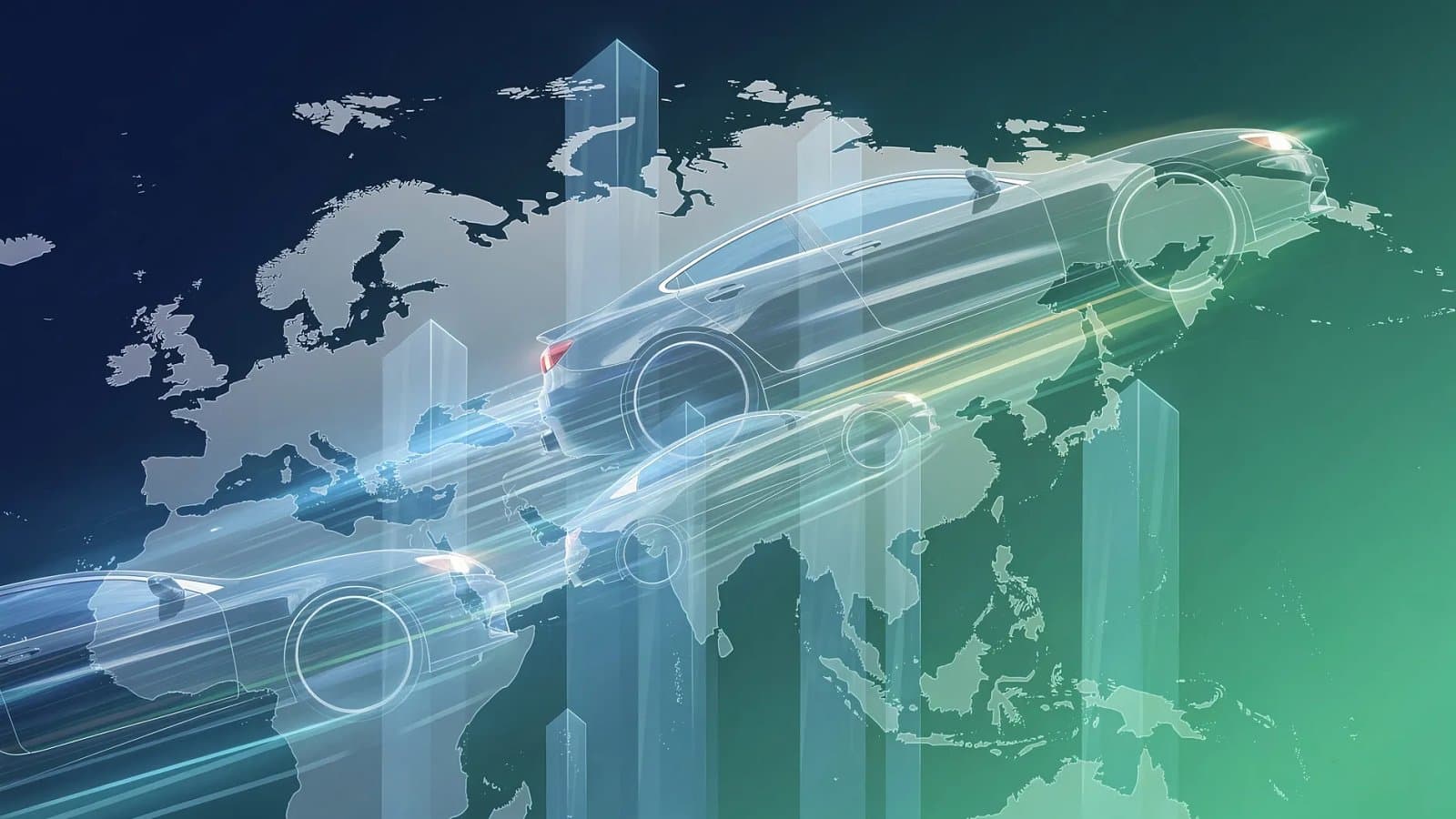 Visualisation abstraite de la montée des constructeurs automobiles chinois sur le marché européen, formes ascendantes en dégradé bleu et vert