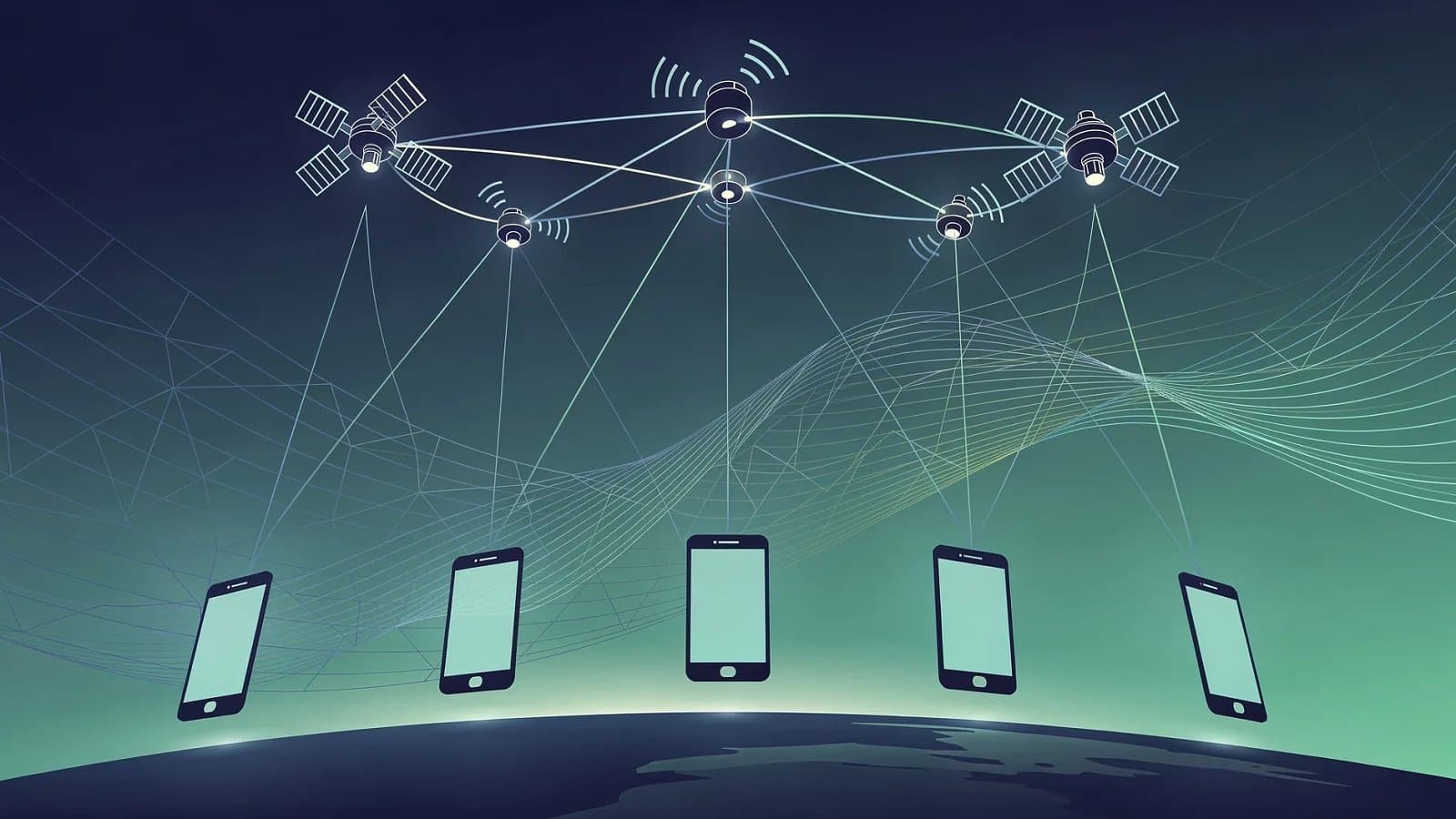 Illustration abstraite d'un réseau de satellites en orbite reliant par des faisceaux lumineux des terminaux mobiles, dégradé bleu profond et vert émeraude