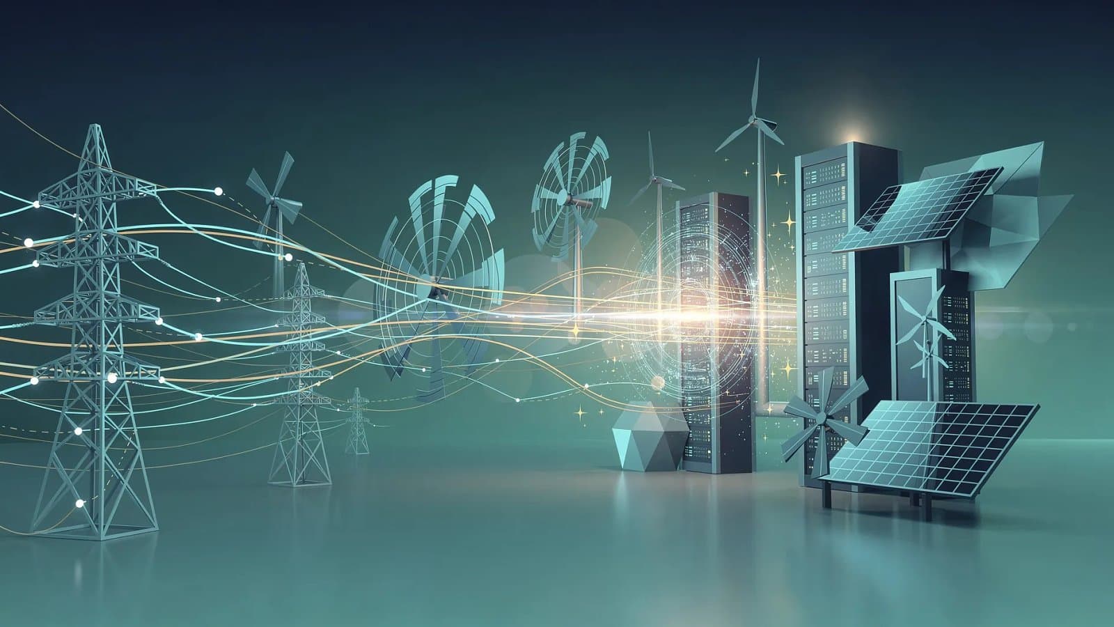Visualisation abstraite de réseaux électriques interconnectés et de flux d'énergie renouvelable alimentant des infrastructures numériques