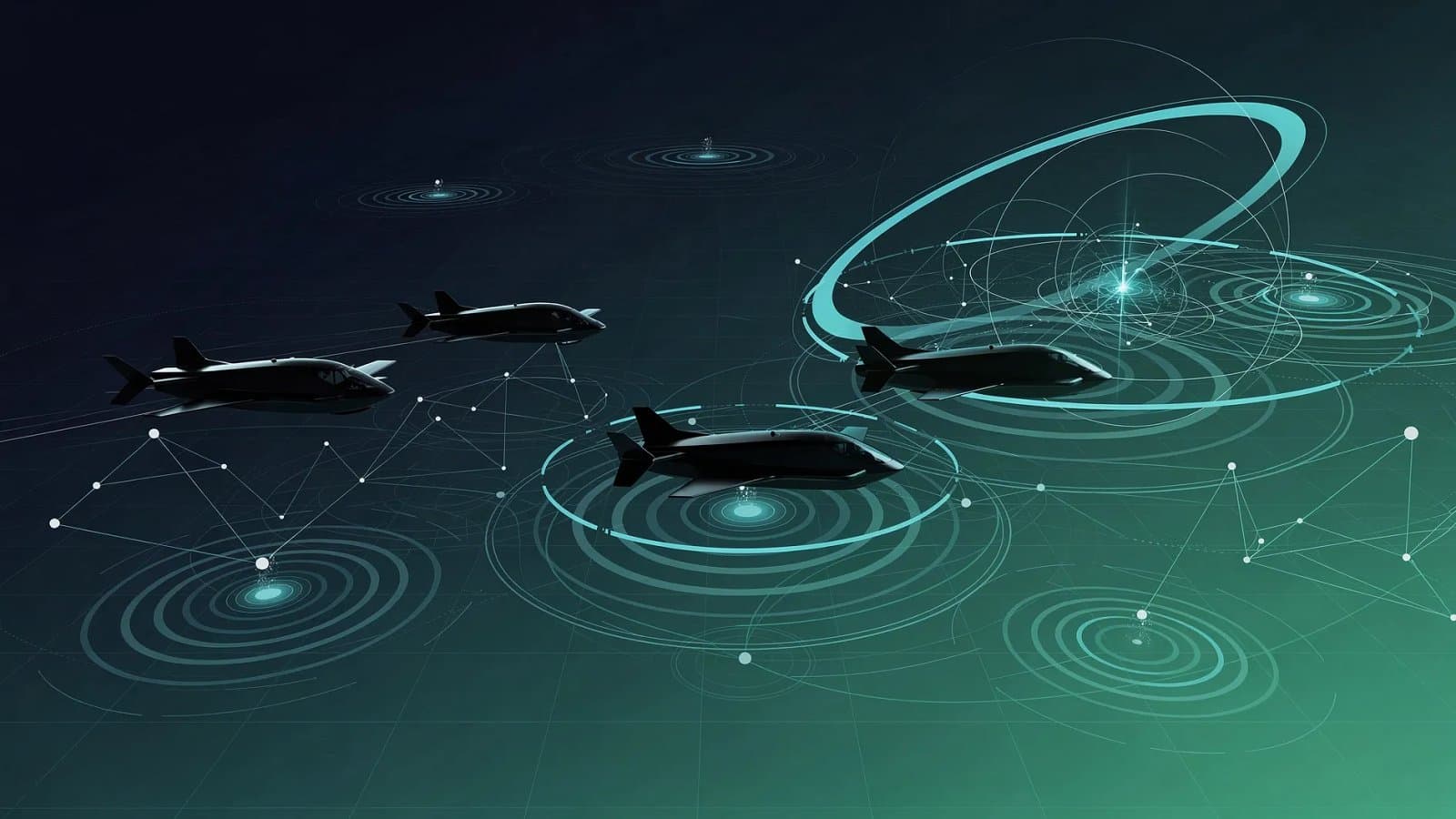 Visualisation abstraite de systèmes autonomes navals et de réseaux de navigation de haute précision dans des tons bleu profond et vert émeraude