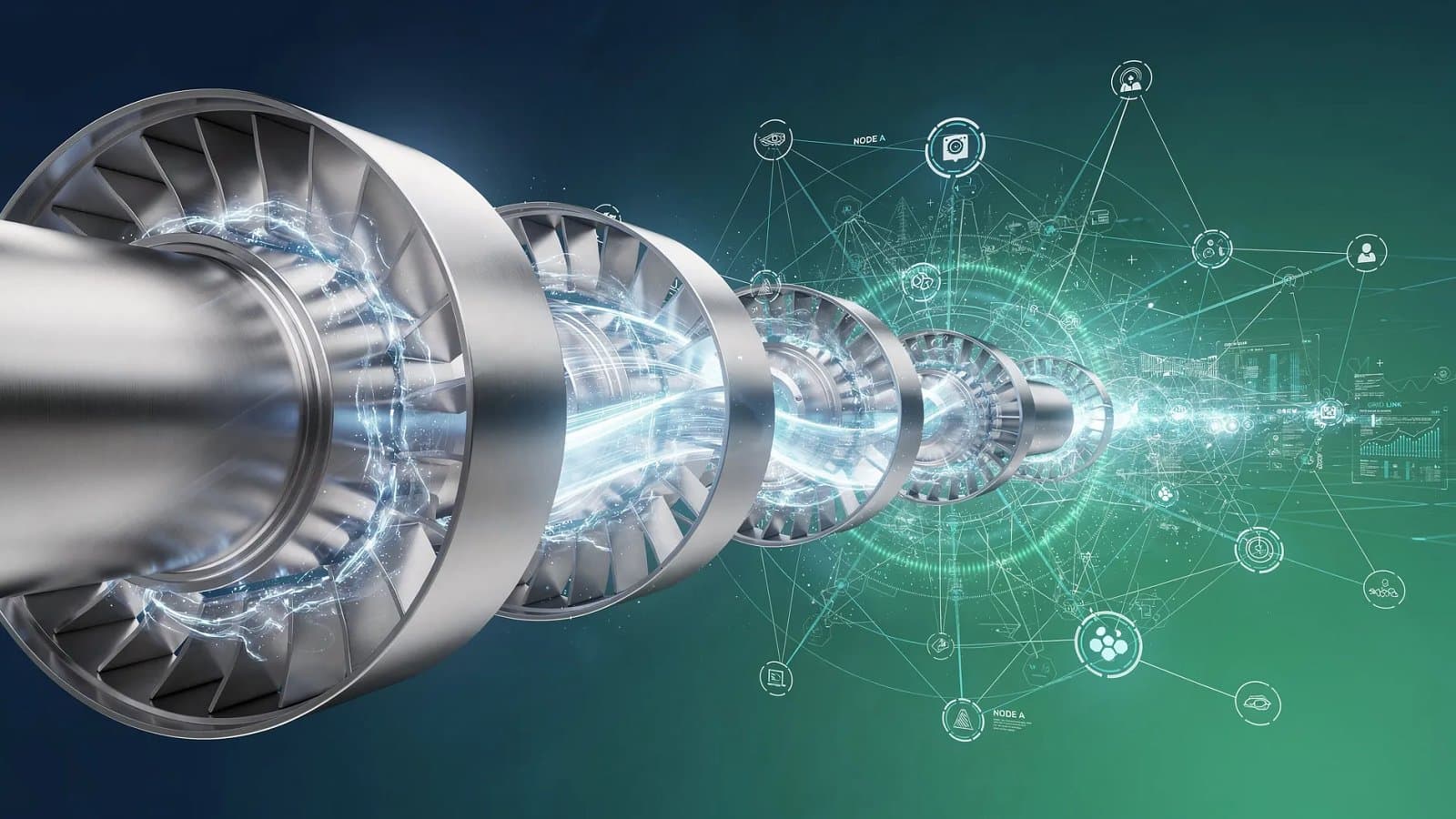 Visualisation abstraite de turbines à gaz industrielles et de flux énergétiques alimentant des réseaux de données numériques