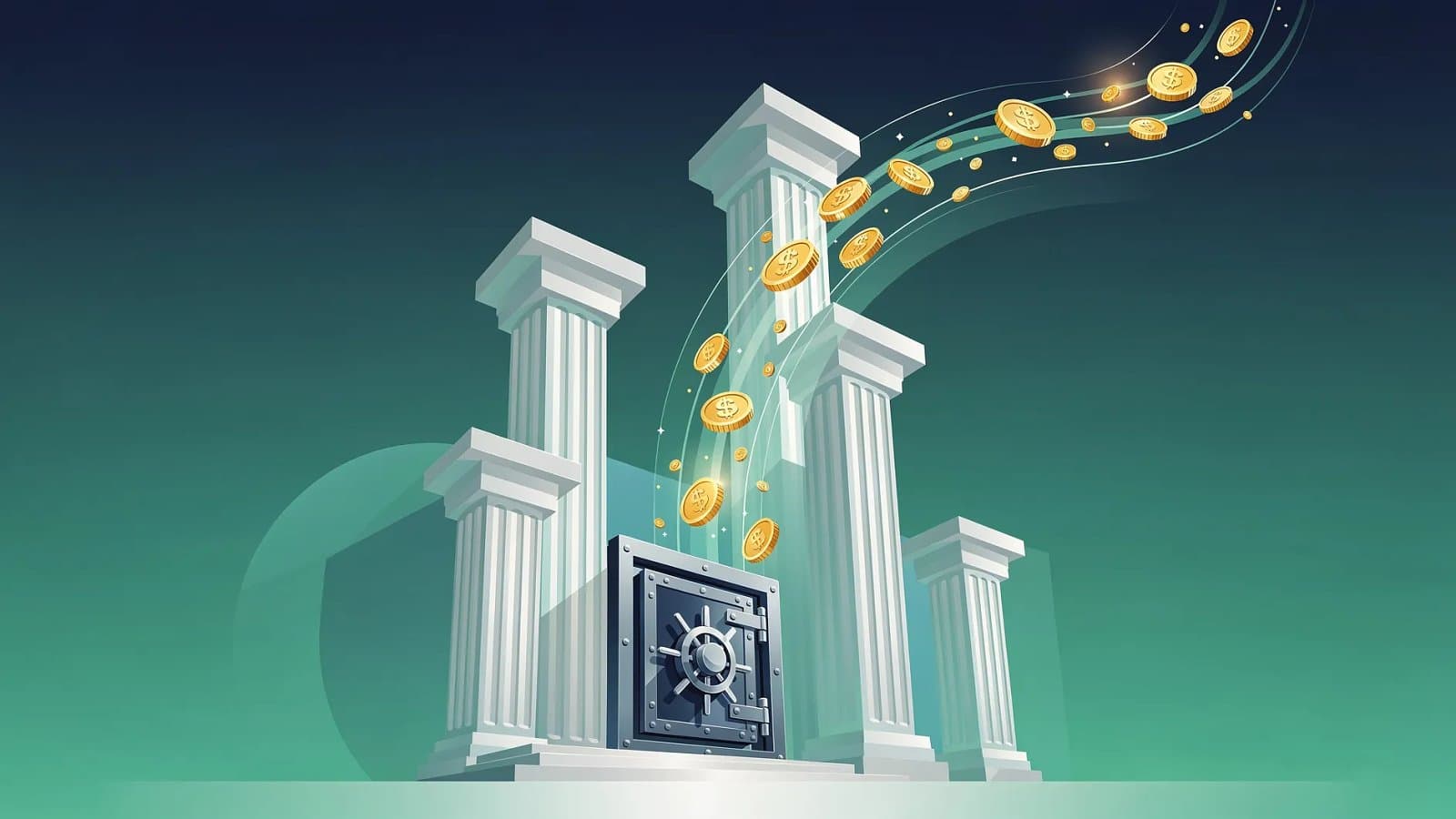 Illustration abstraite de la solidité bancaire et de flux de capitaux ascendants, piliers institutionnels stylisés dans un dégradé bleu et vert