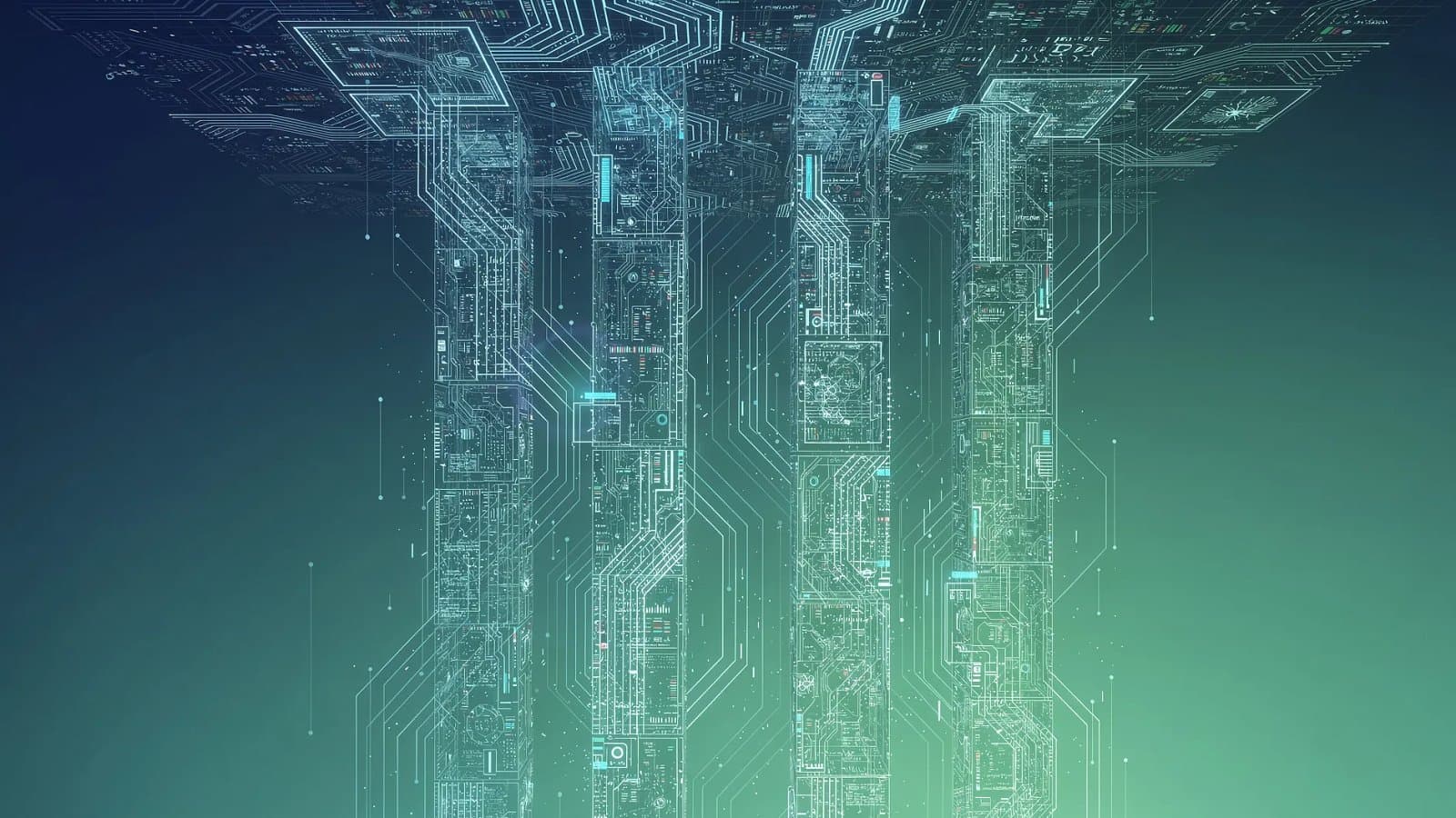 Visualisation abstraite de flux financiers et de structures numériques évoquant l'endettement massif lié à l'intelligence artificielle