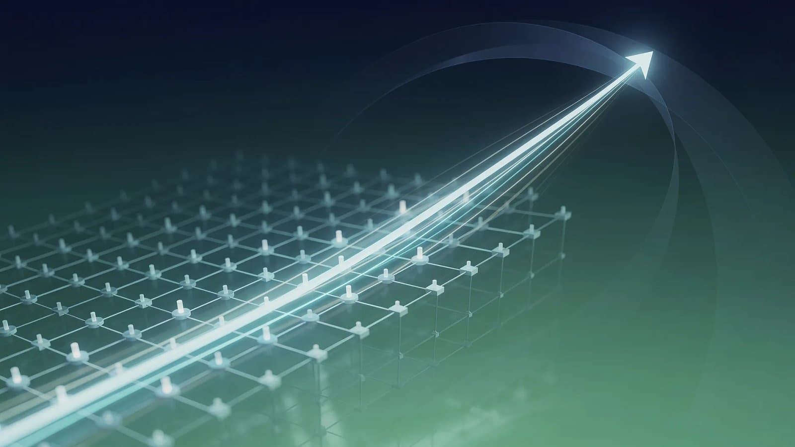 Visualisation abstraite d'une trajectoire ascendante percutant une grille d'indice boursier, symbolisant l'entrée de SpaceX au Nasdaq-100 et la vague d'achats des fonds indiciels