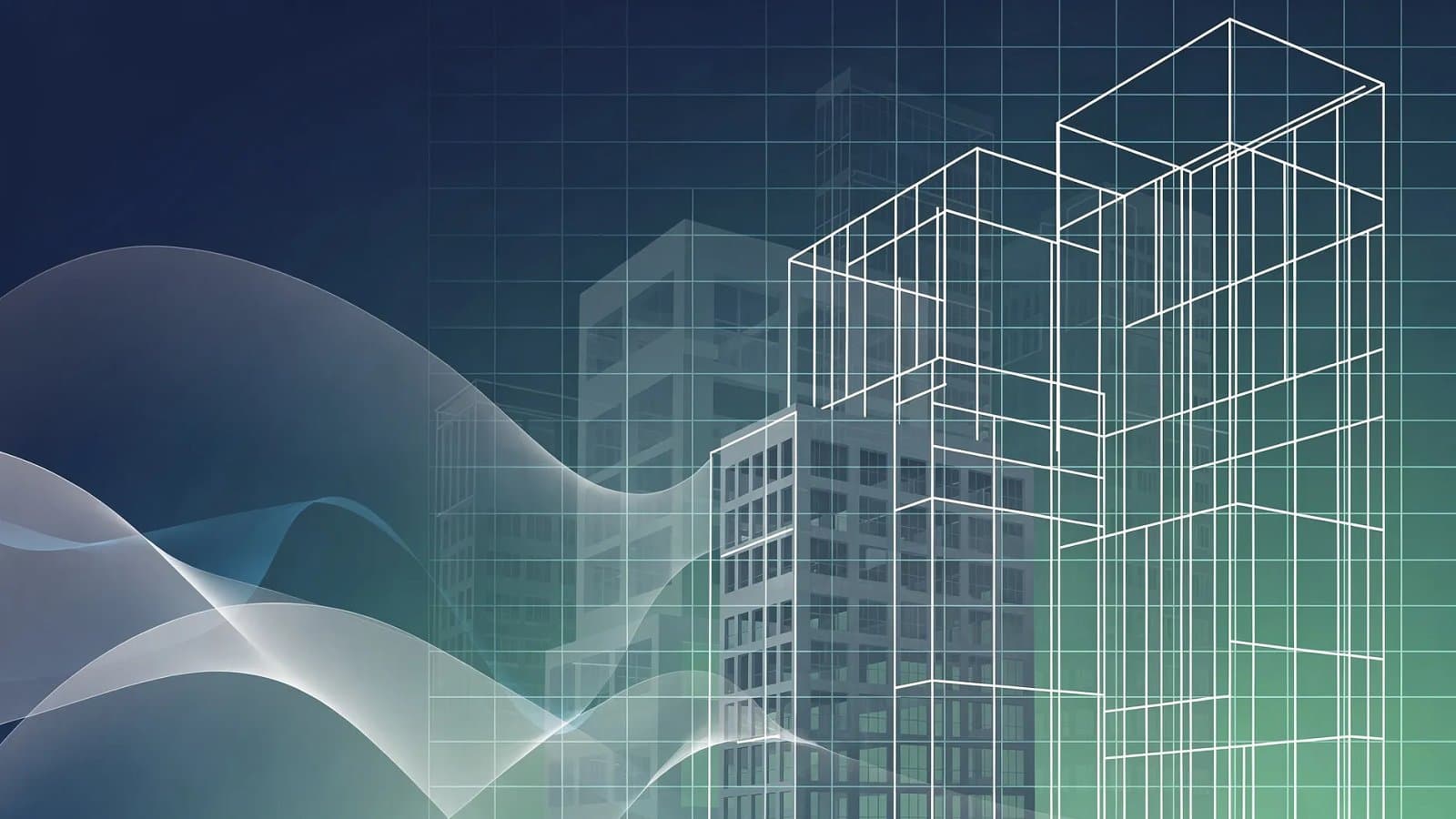 Illustration abstraite de structures immobilières encadrées par une grille réglementaire, symbolisant la transformation des SCI en assurance vie avant 2029