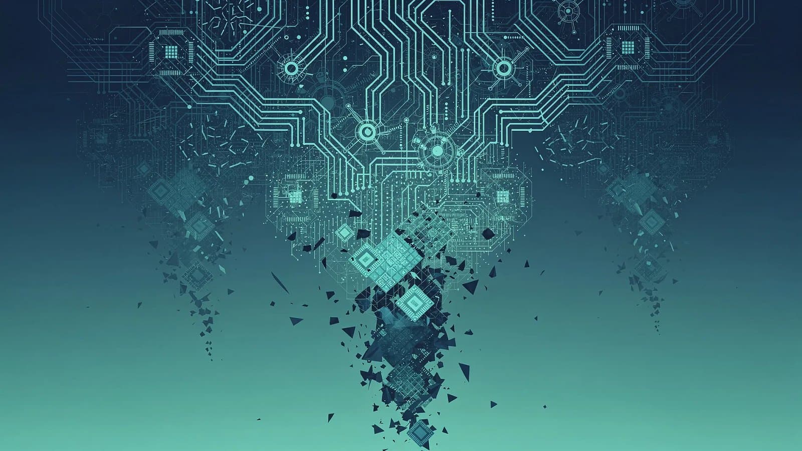 Visualisation abstraite de réseaux de centres de données et de structures numériques symbolisant l'investissement massif dans l'intelligence artificielle et son risque de retournement