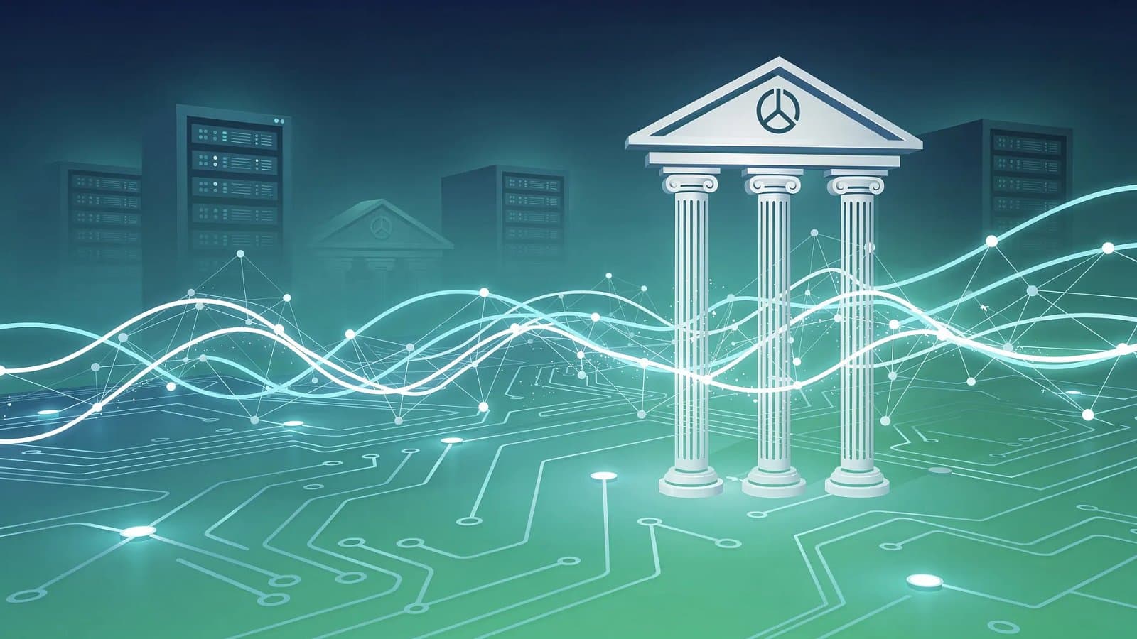 Visualisation abstraite de flux d'énergie électrique reliant des structures évoquant des centres de données et des institutions financières en Europe