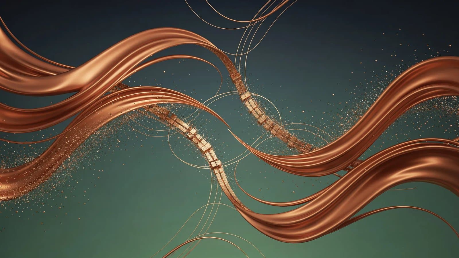 Illustration abstraite de surfaces métalliques cuivrées et de flux divergents évoquant la tension du marché mondial du cuivre face à la décision tarifaire américaine
