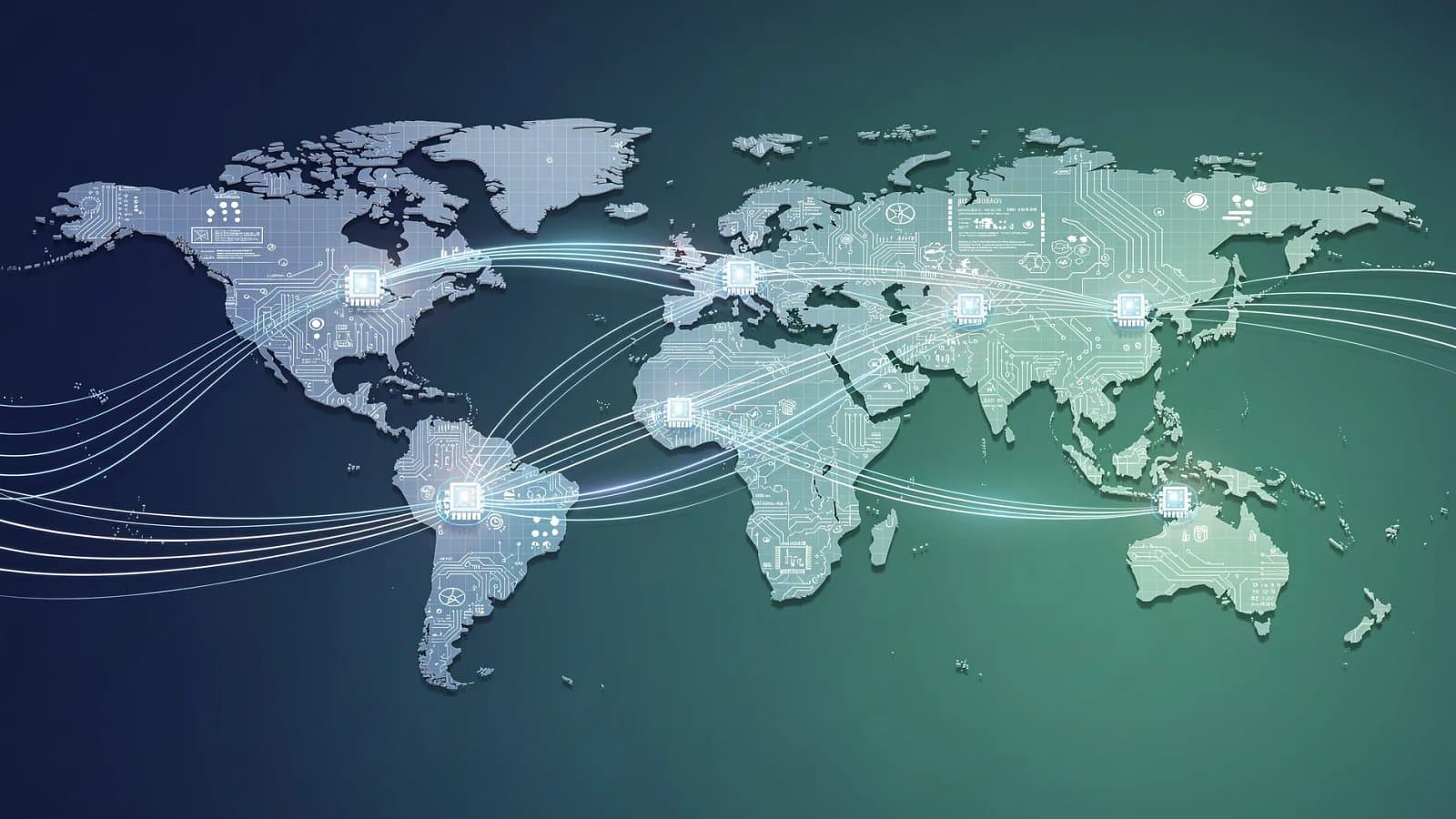 Visualisation abstraite d'un réseau de data centers reliés par des flux de fibre optique, symbolisant la chaîne d'approvisionnement chinoise de l'intelligence artificielle