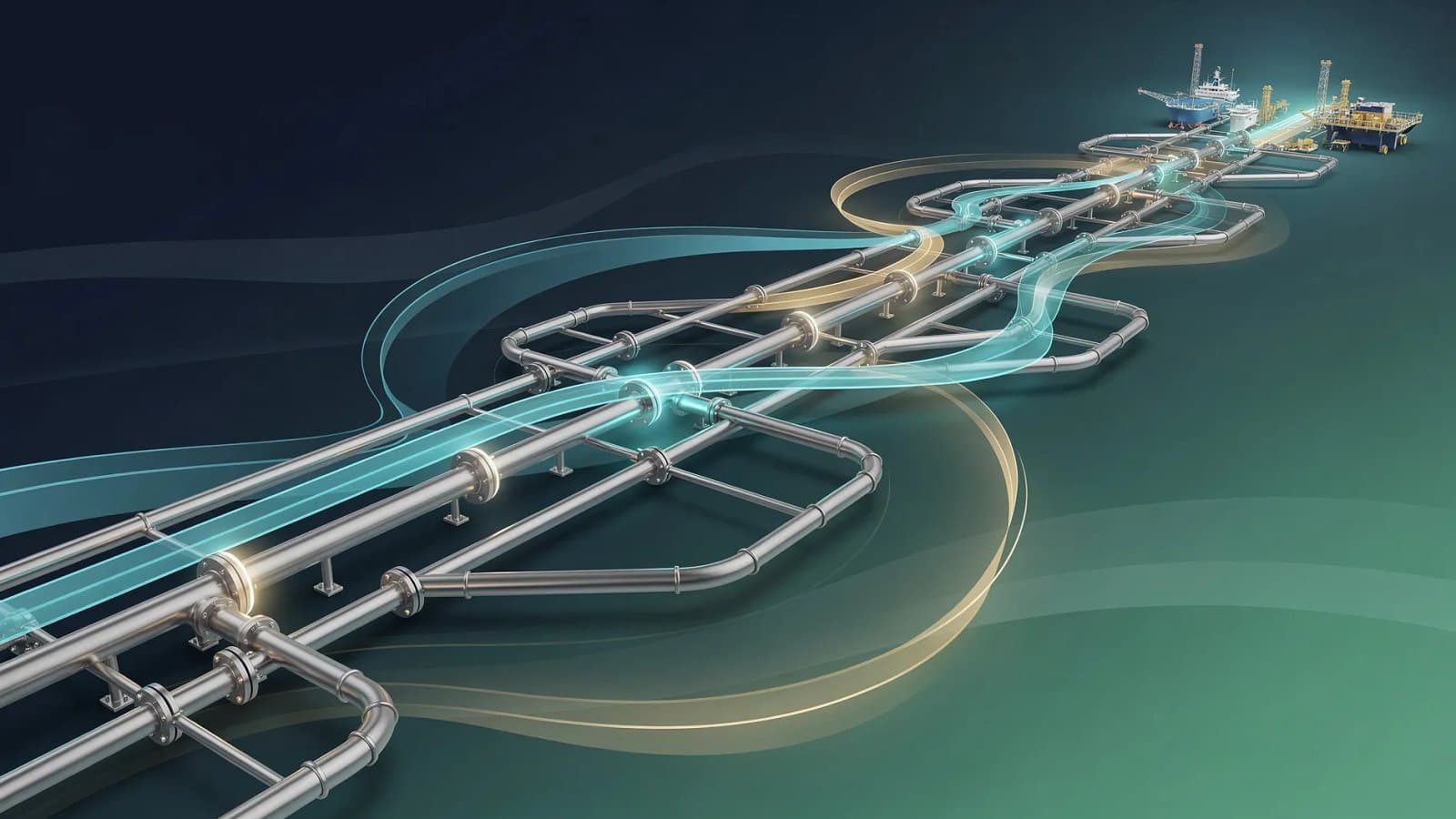 Visualisation abstraite d'un réseau de gazoducs reliant des bassins de production aux terminaux d'exportation du golfe du Mexique