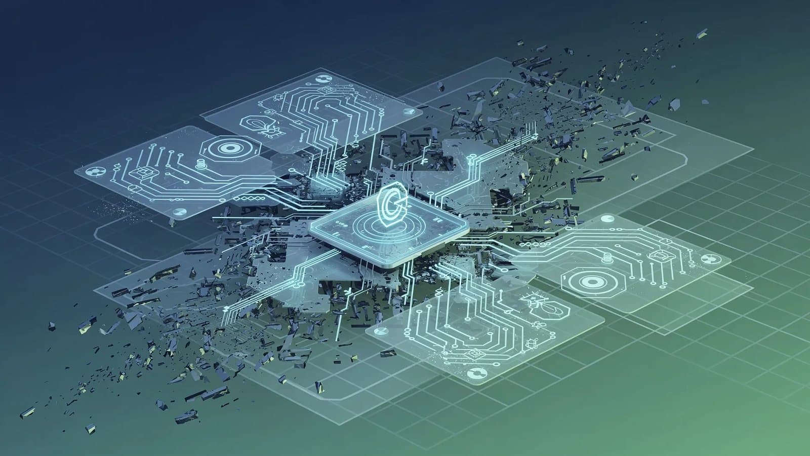 Visualisation abstraite de réseaux de capteurs et de flux de données automobiles symbolisant la conduite automatisée, dans un dégradé bleu profond et vert