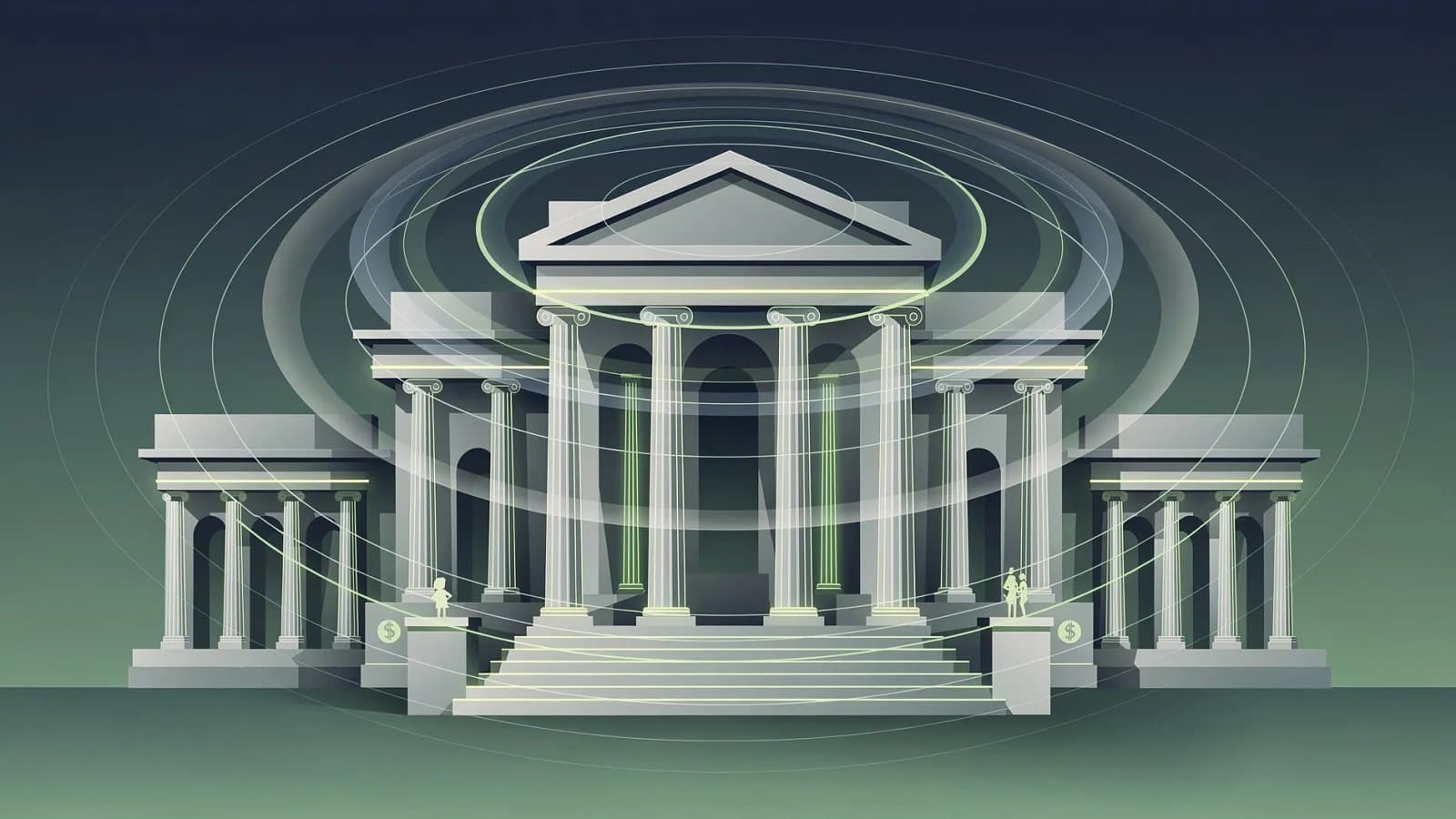 Visualisation abstraite d'une architecture institutionnelle américaine évoquant la Réserve fédérale, dans des tons bleu profond et vert émeraude
